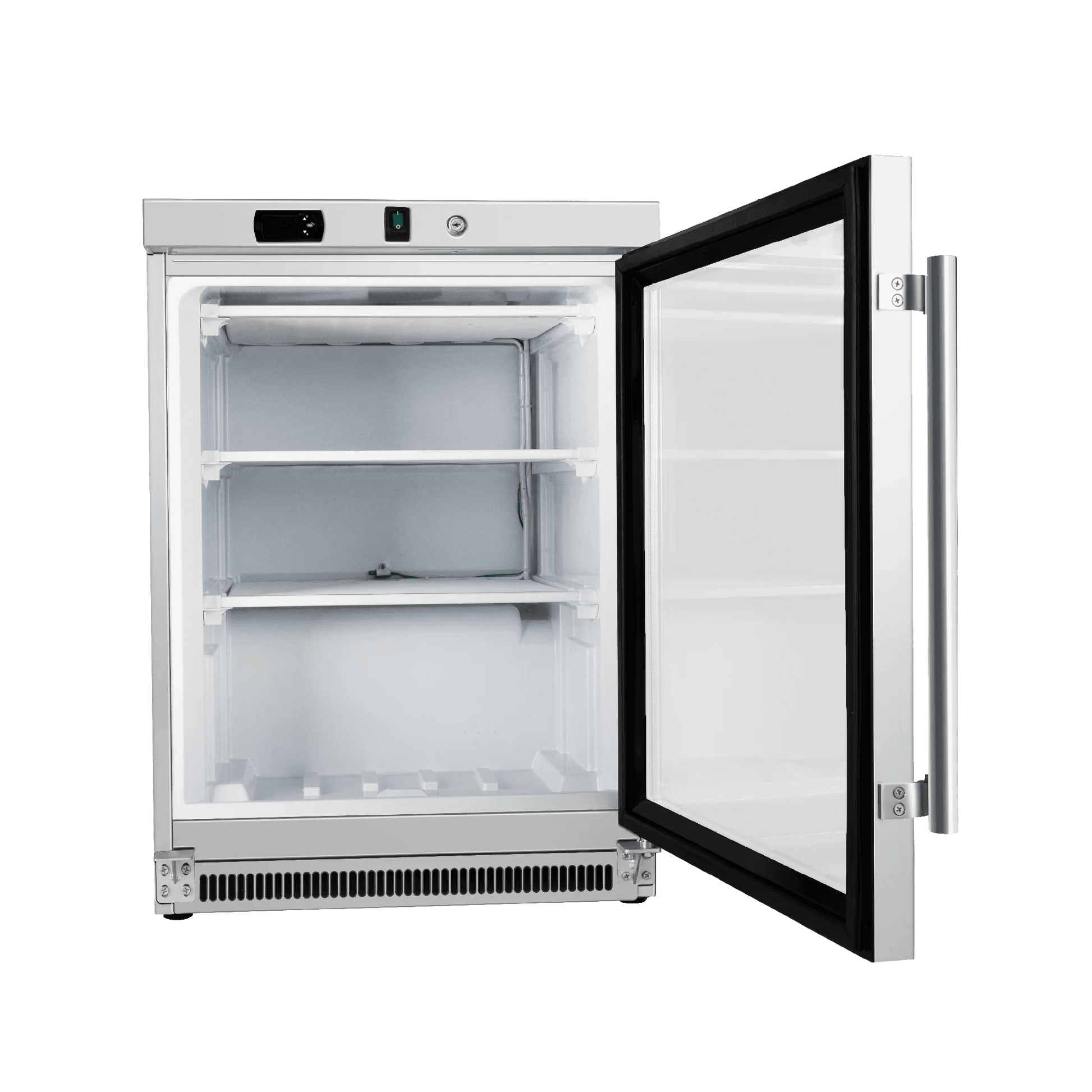 Underbench stainless steel freezer with one glass door, three interior shelves, and digital control panel.