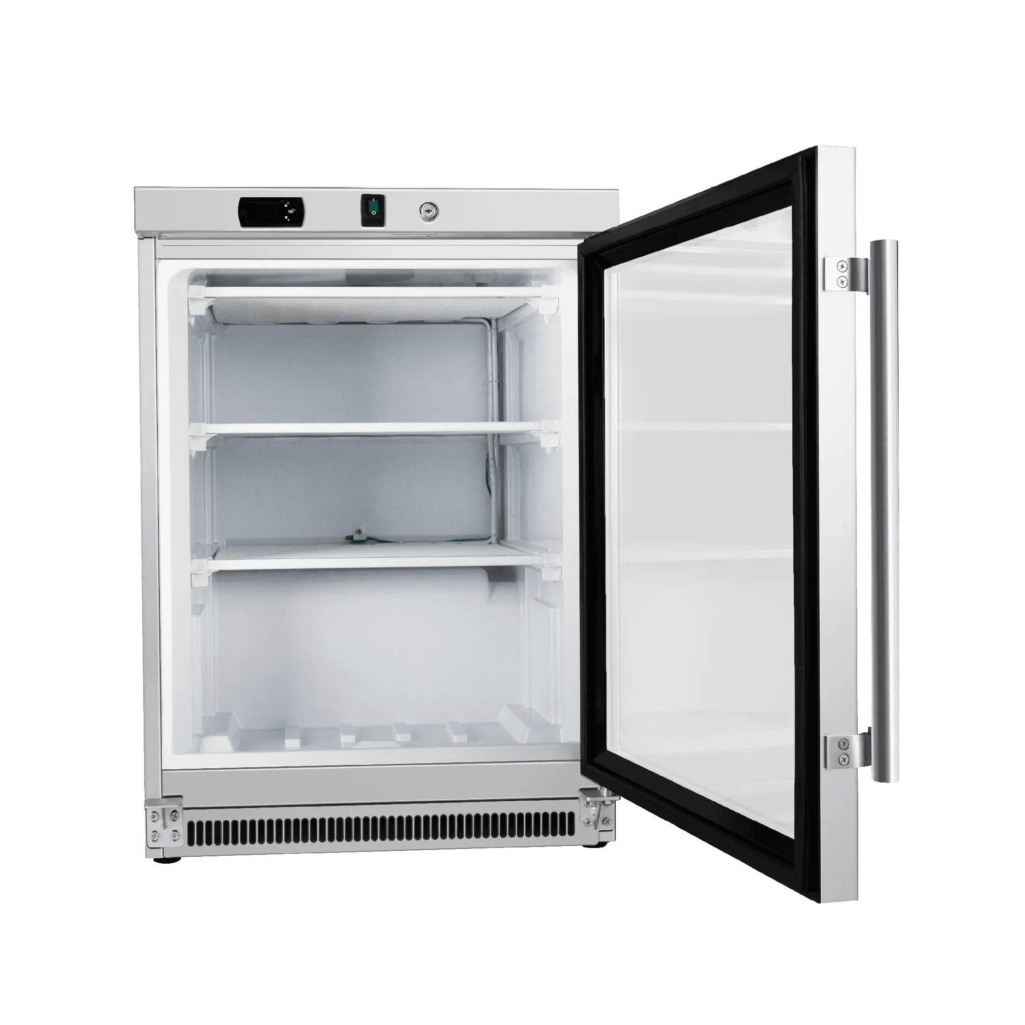 Underbench stainless steel freezer with one glass door, three interior shelves, and digital control panel.