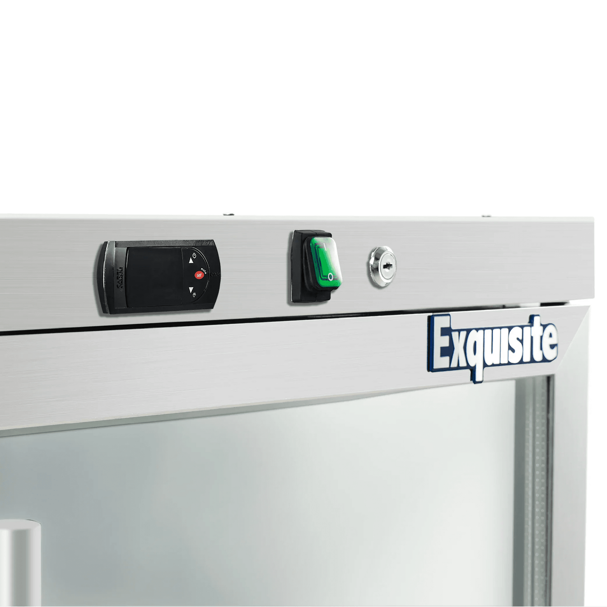 Stainless steel underbench freezer with single glass door, digital controls, and Exquisite logo badge.