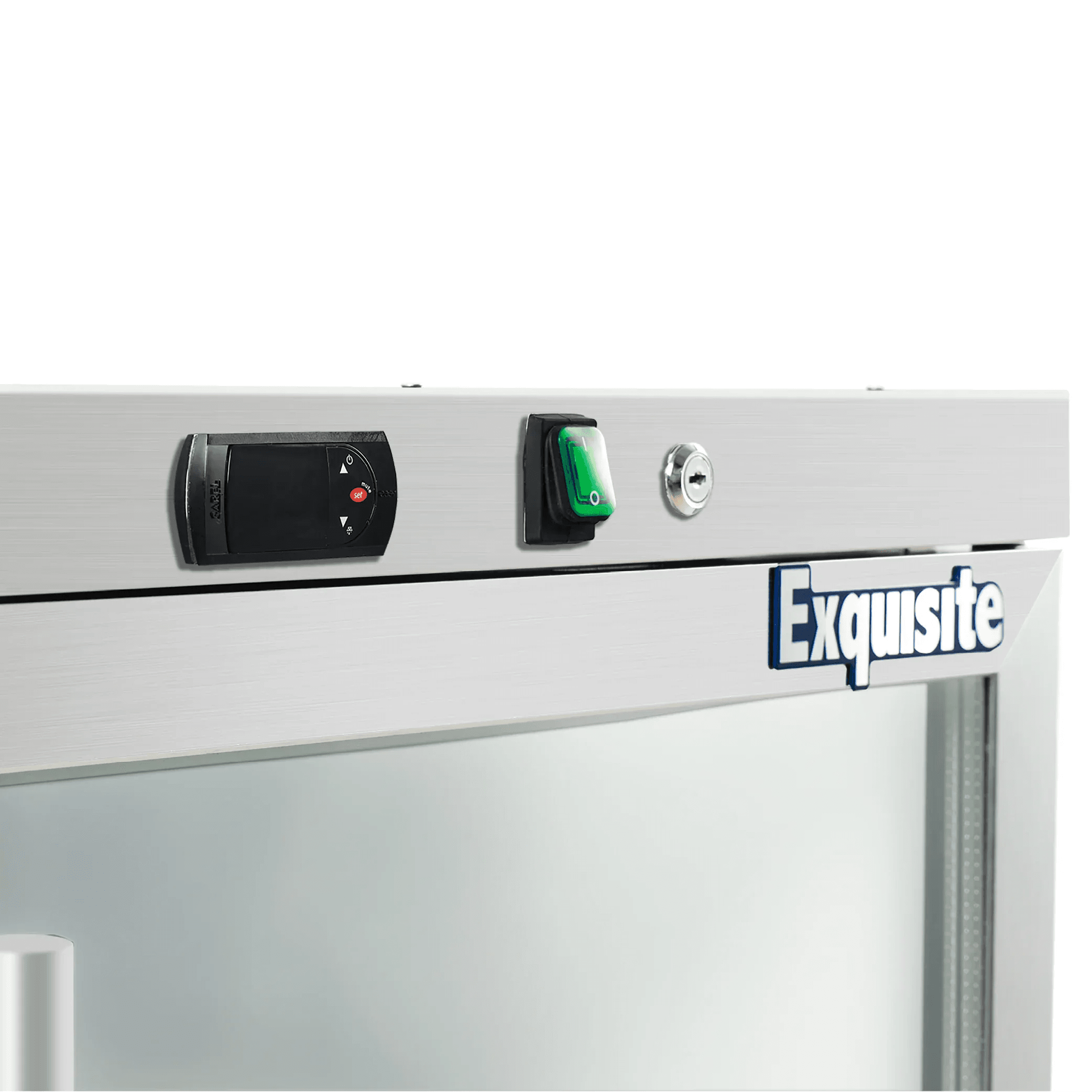 Stainless steel underbench freezer with single glass door, digital controls, and Exquisite logo badge.