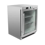 Stainless steel underbench freezer with one glass door and three interior shelves, digital control panel on top.