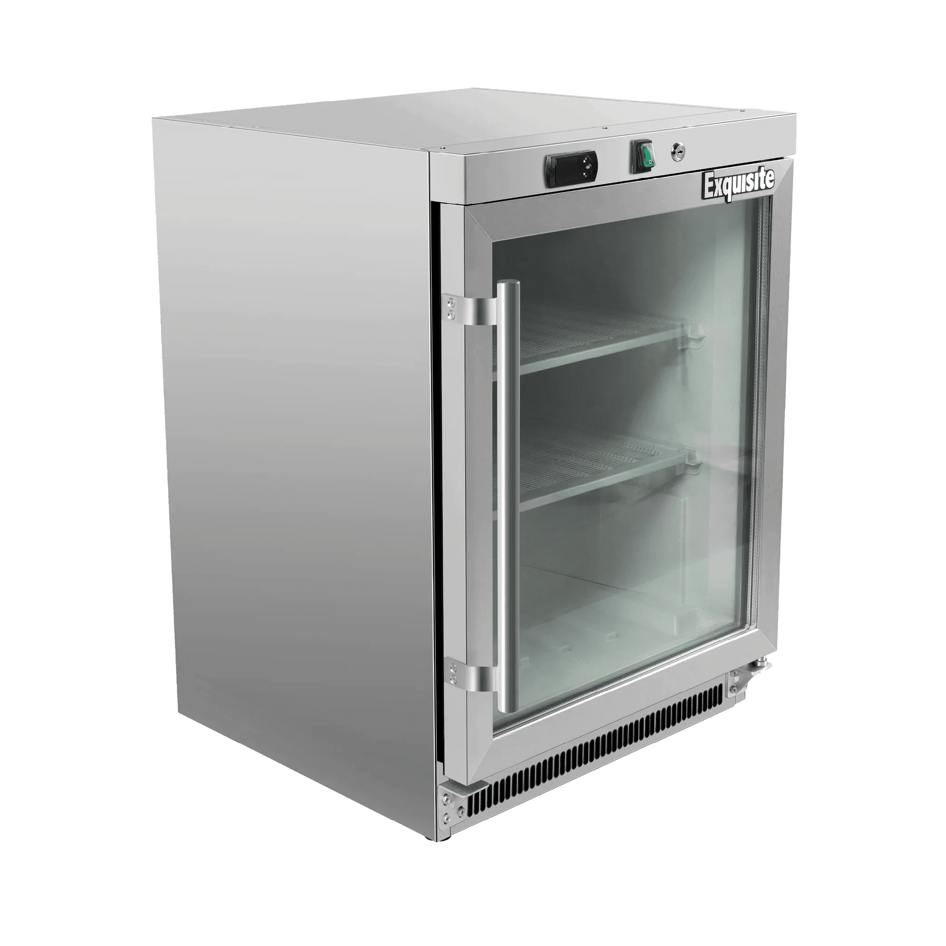 Stainless steel underbench freezer with one glass door and three interior shelves, digital control panel on top.