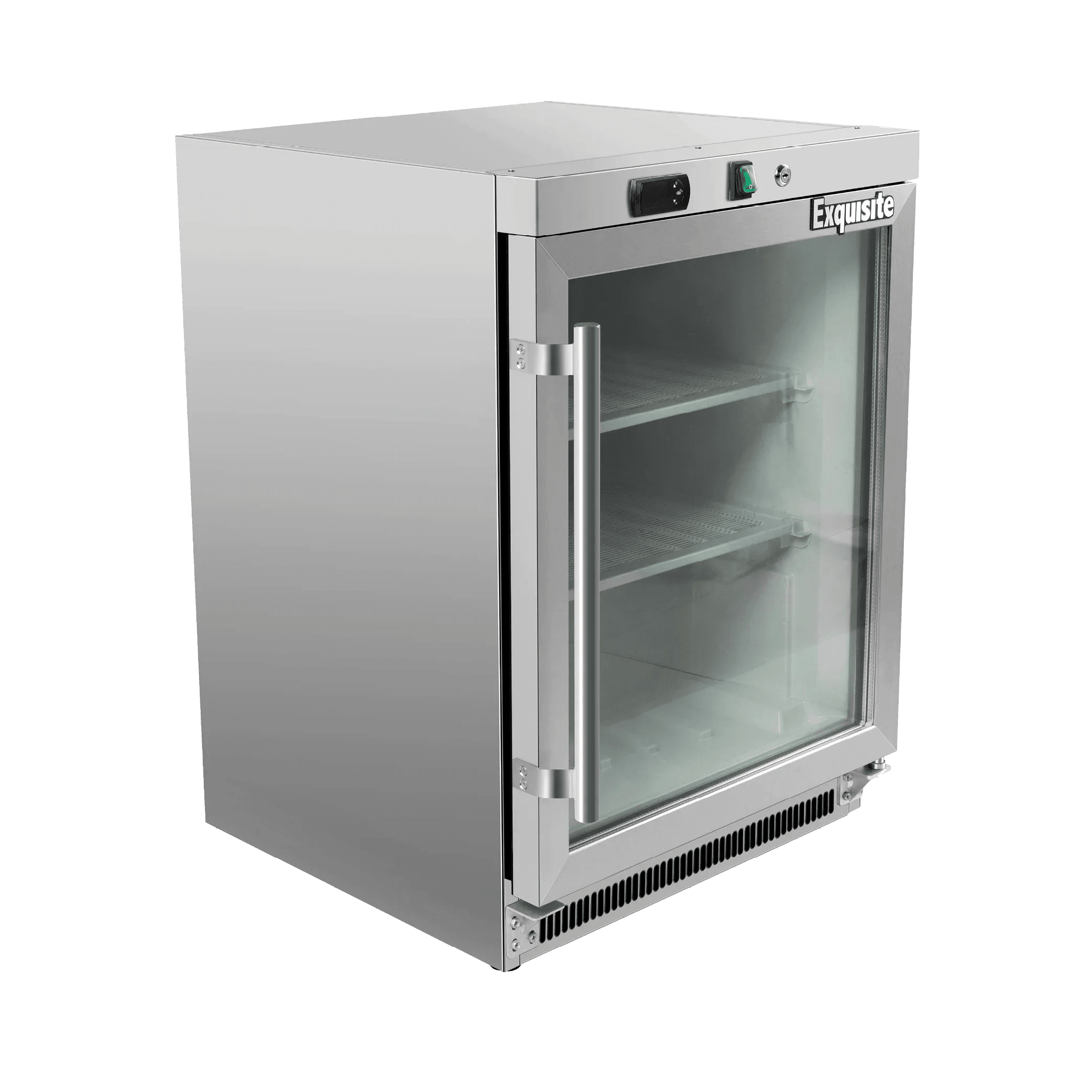 Stainless steel underbench freezer with one glass door and three interior shelves, digital control panel on top.