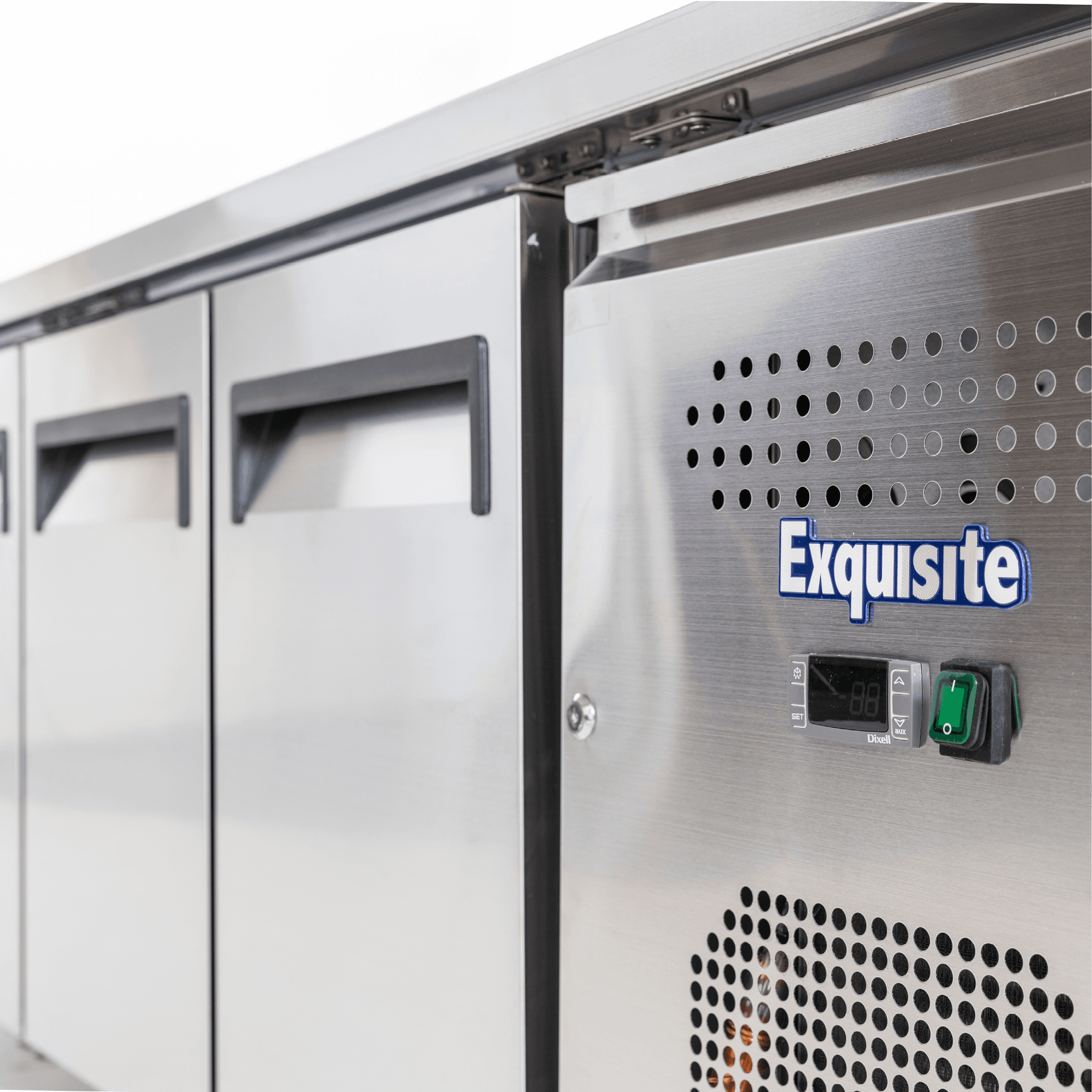 Stainless steel two-door commercial food prep refrigerator with ventilation panels and digital control panel.