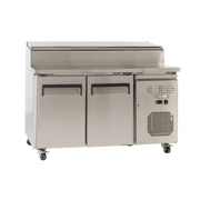 Two-door stainless steel commercial food preparation refrigerator with ventilation panel and casters.