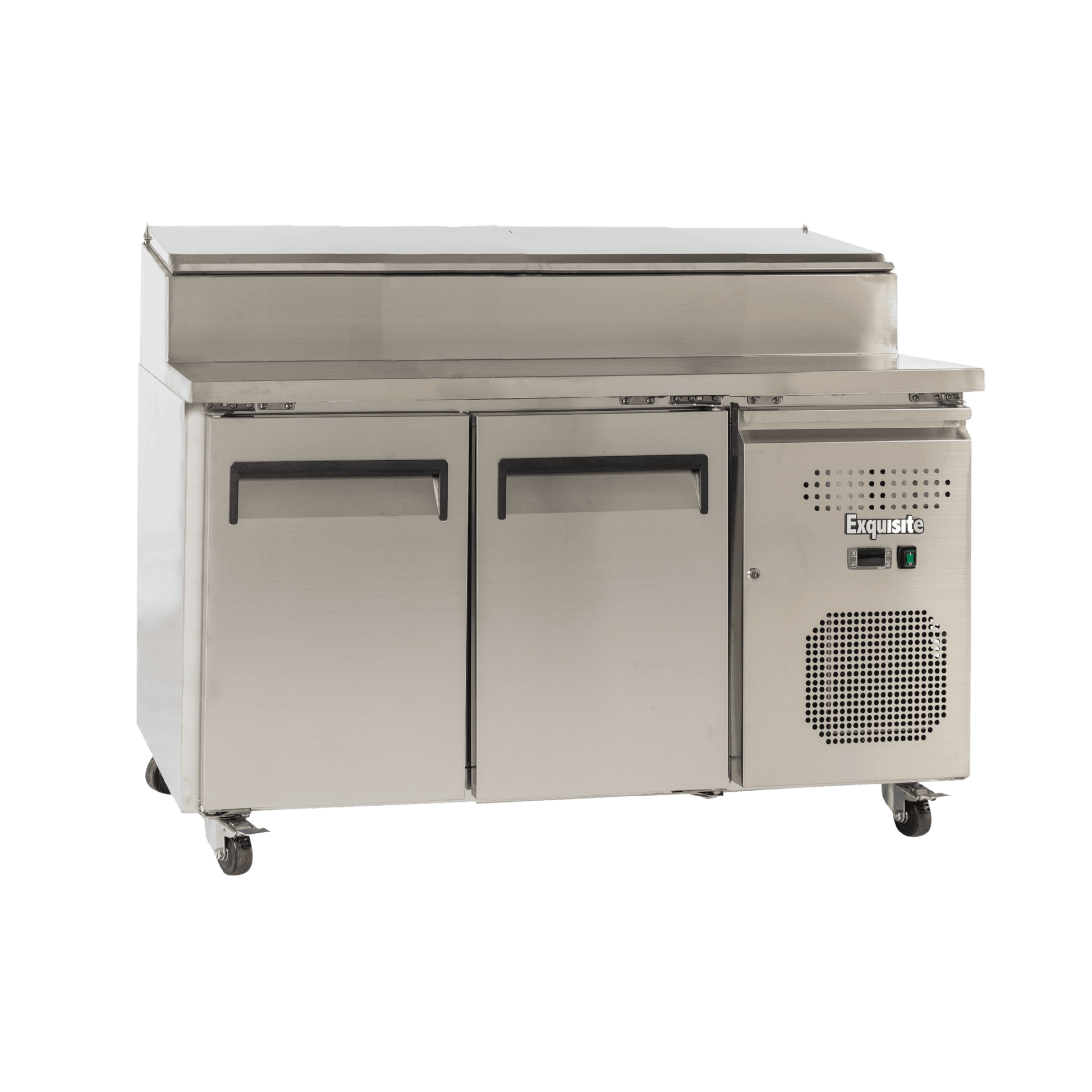 Two-door stainless steel commercial food preparation refrigerator with ventilation panel and casters.