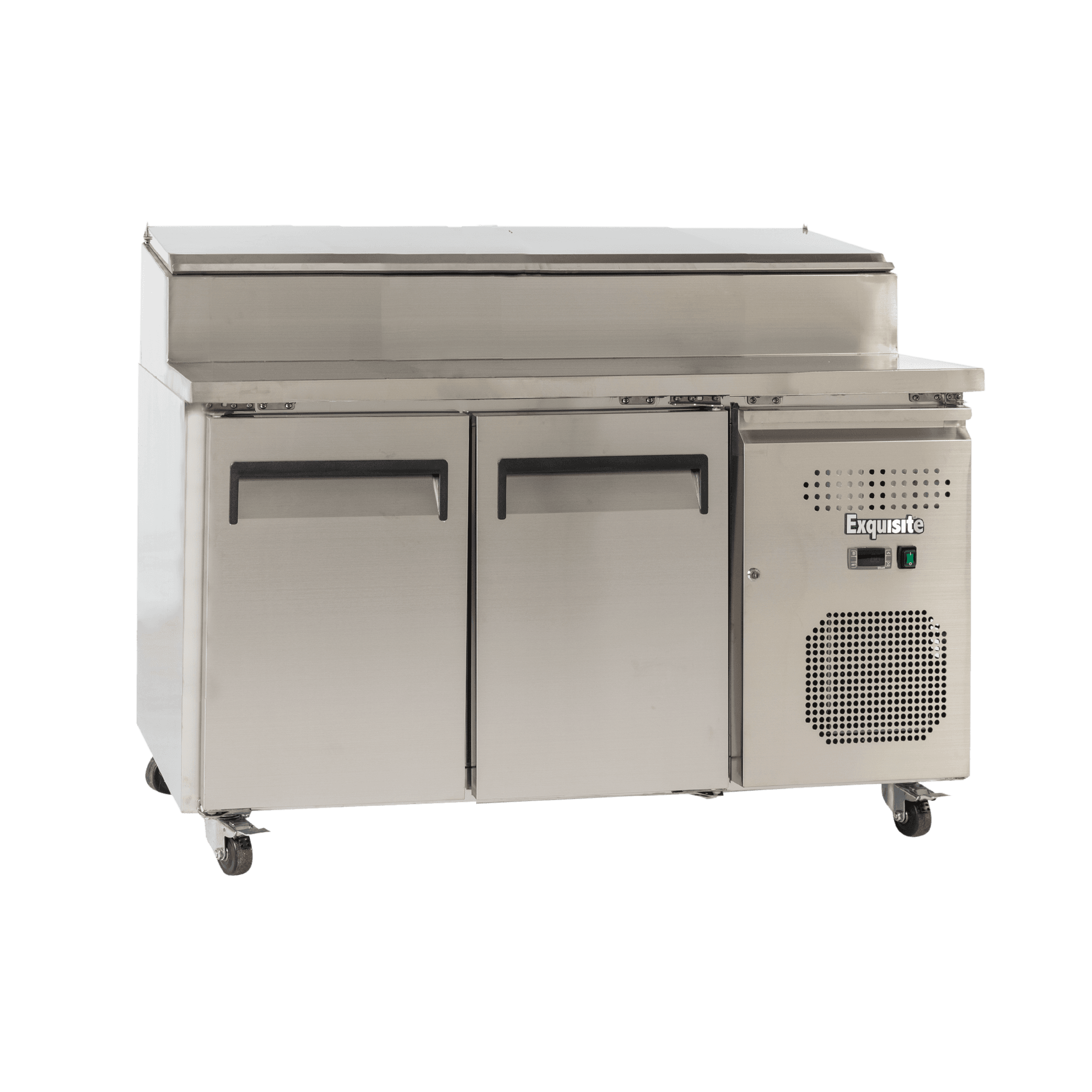 Two-door stainless steel commercial food preparation refrigerator with ventilation panel and casters.