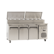 Three-door stainless steel food prep refrigerator with top compartments and caster wheels.
