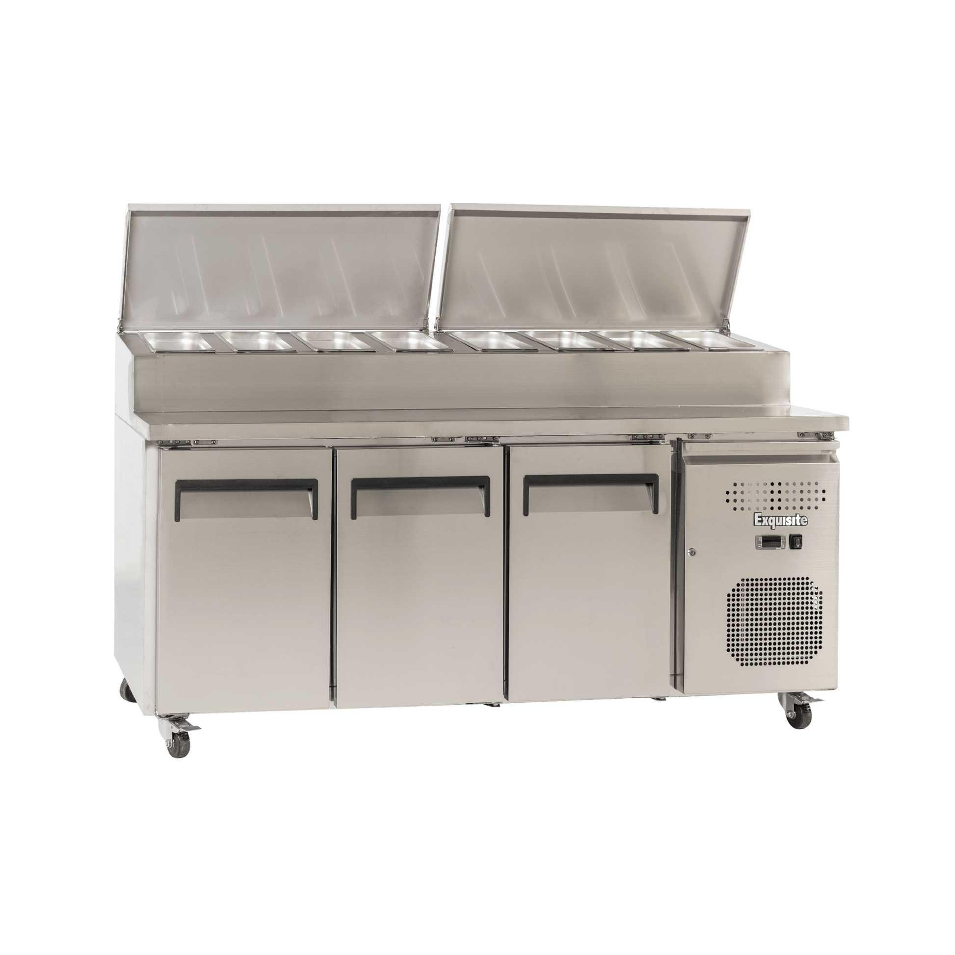 Three-door stainless steel food prep refrigerator with top compartments and caster wheels.