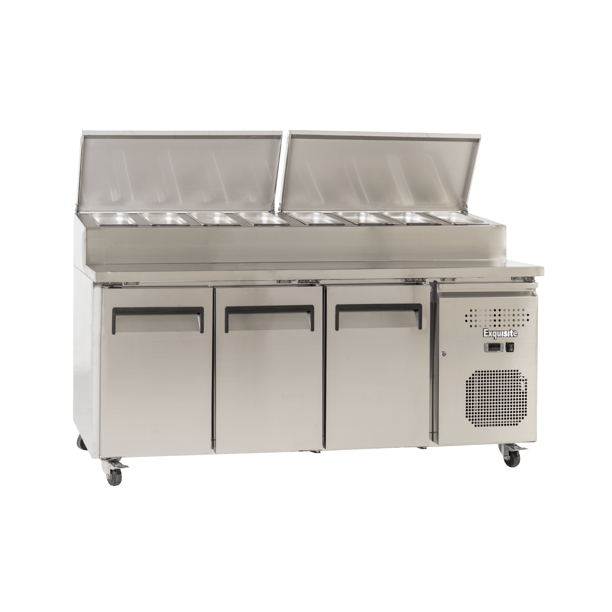 Three-door stainless steel food prep refrigerator with top compartments and caster wheels.