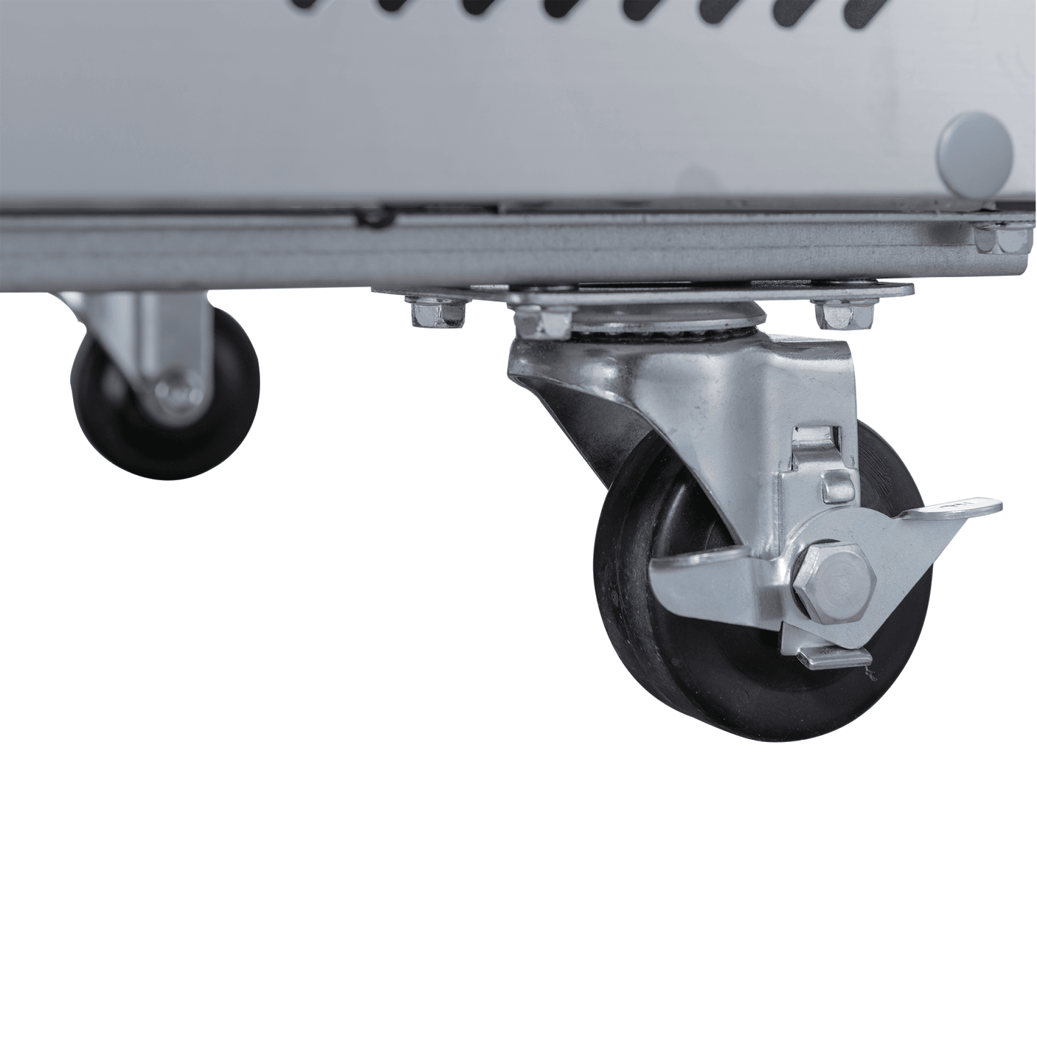 Swivel caster wheel with locking mechanism on stainless steel commercial refrigerator base.