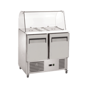 Two-door stainless steel food prep refrigerator with glass canopy and caster wheels.