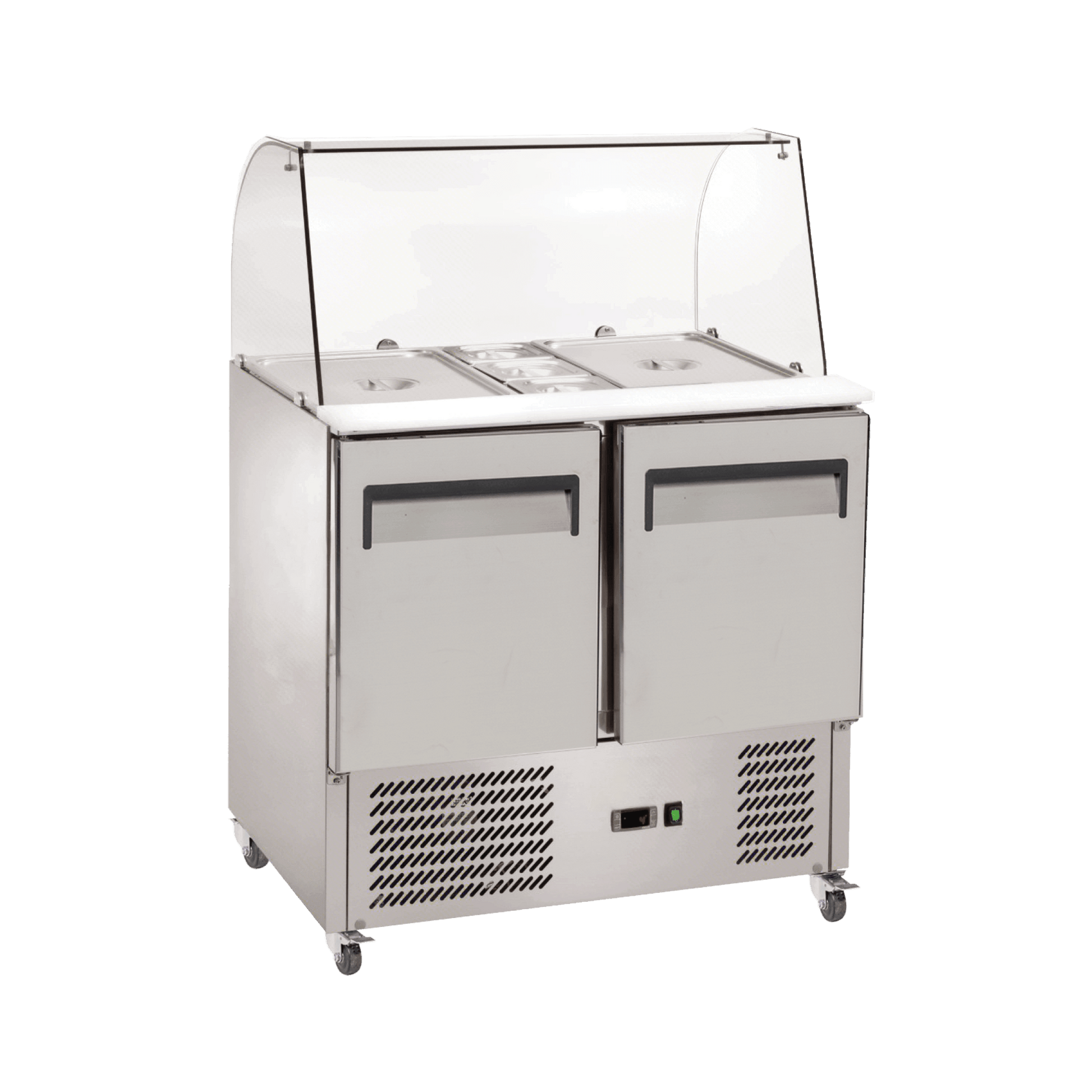 Two-door stainless steel food prep refrigerator with glass canopy and caster wheels.