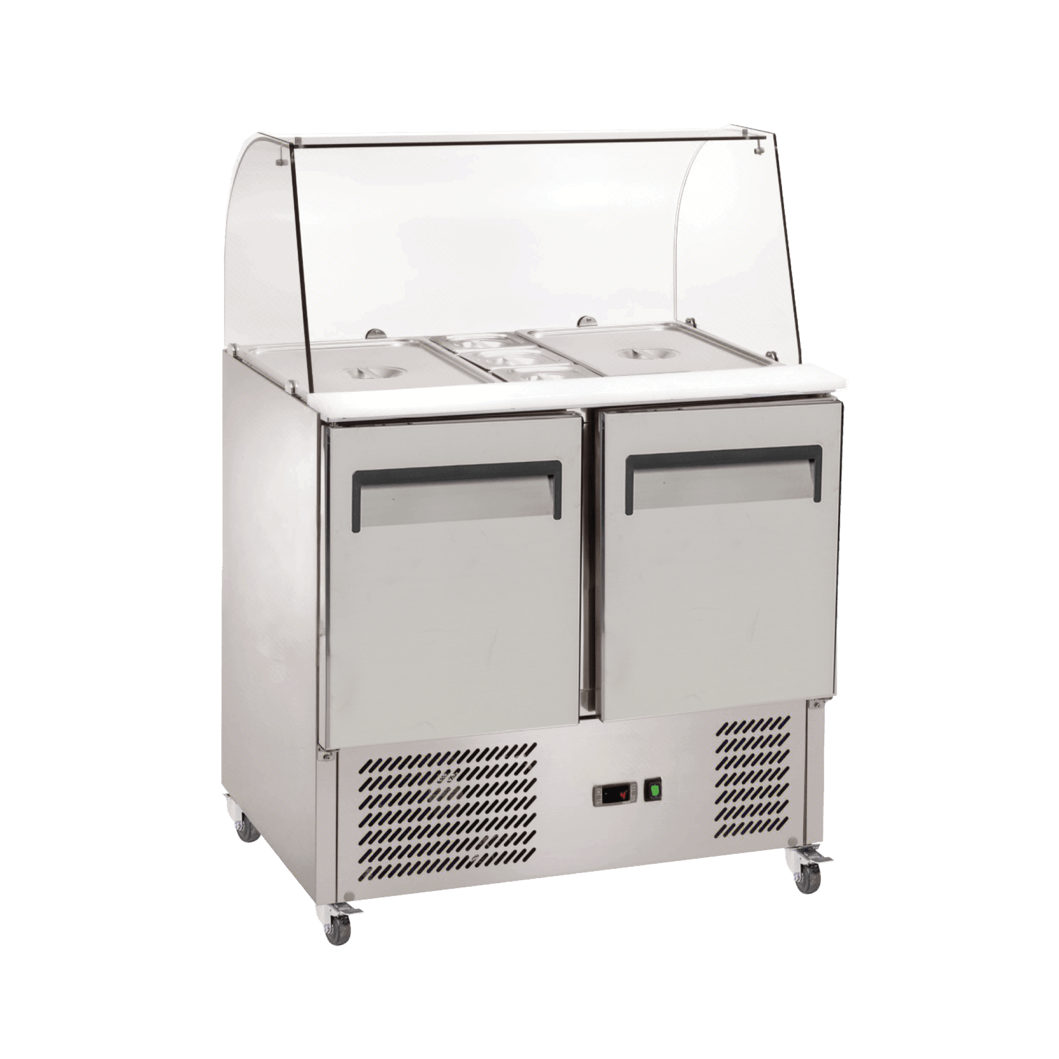 Two-door stainless steel food prep refrigerator with glass canopy and caster wheels.