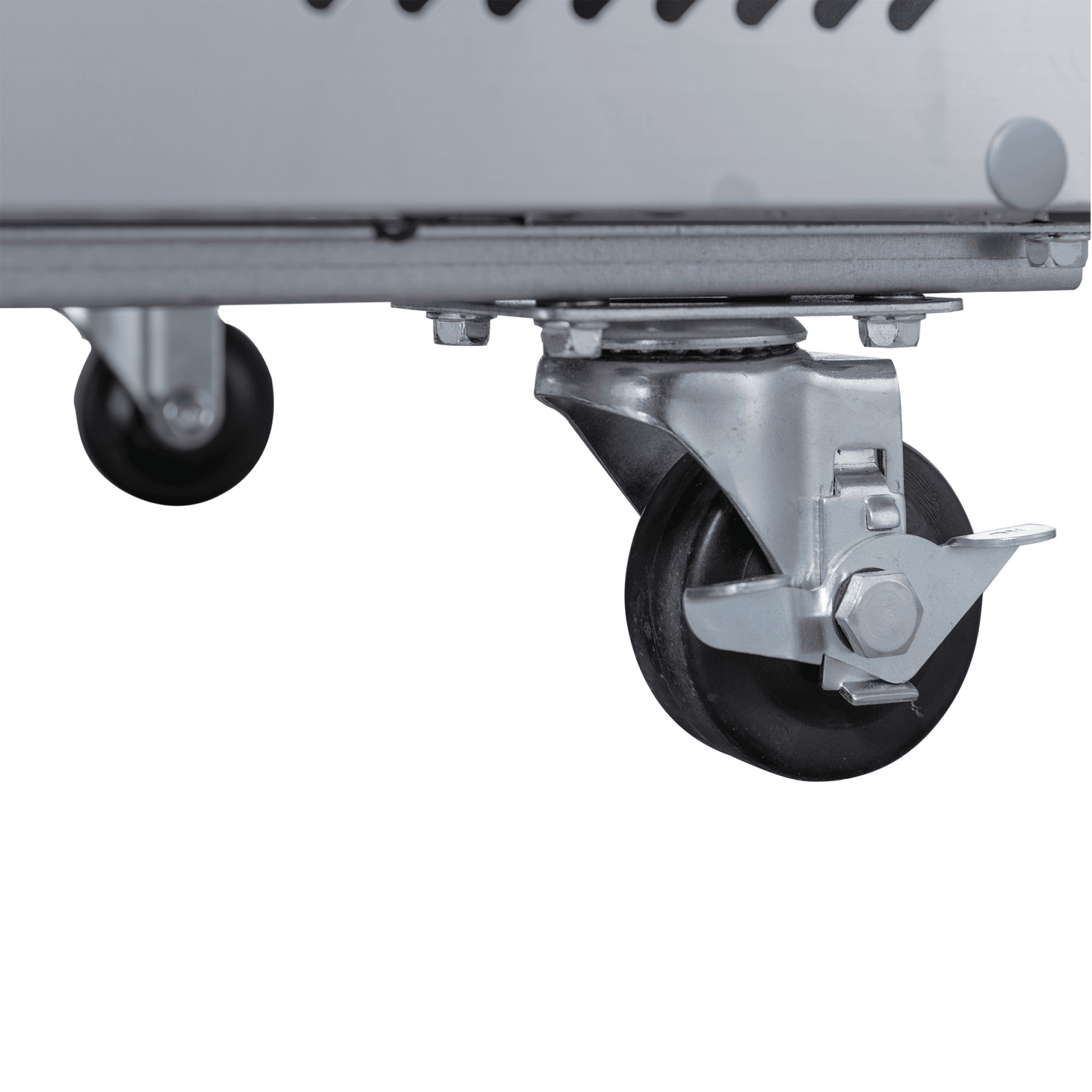 Close-up of heavy-duty swivel caster wheel with locking brake on stainless steel commercial refrigerator.