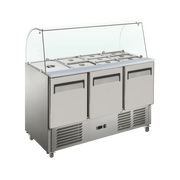 Three-door stainless steel food prep refrigerator with glass canopy and built-in ventilation vents.