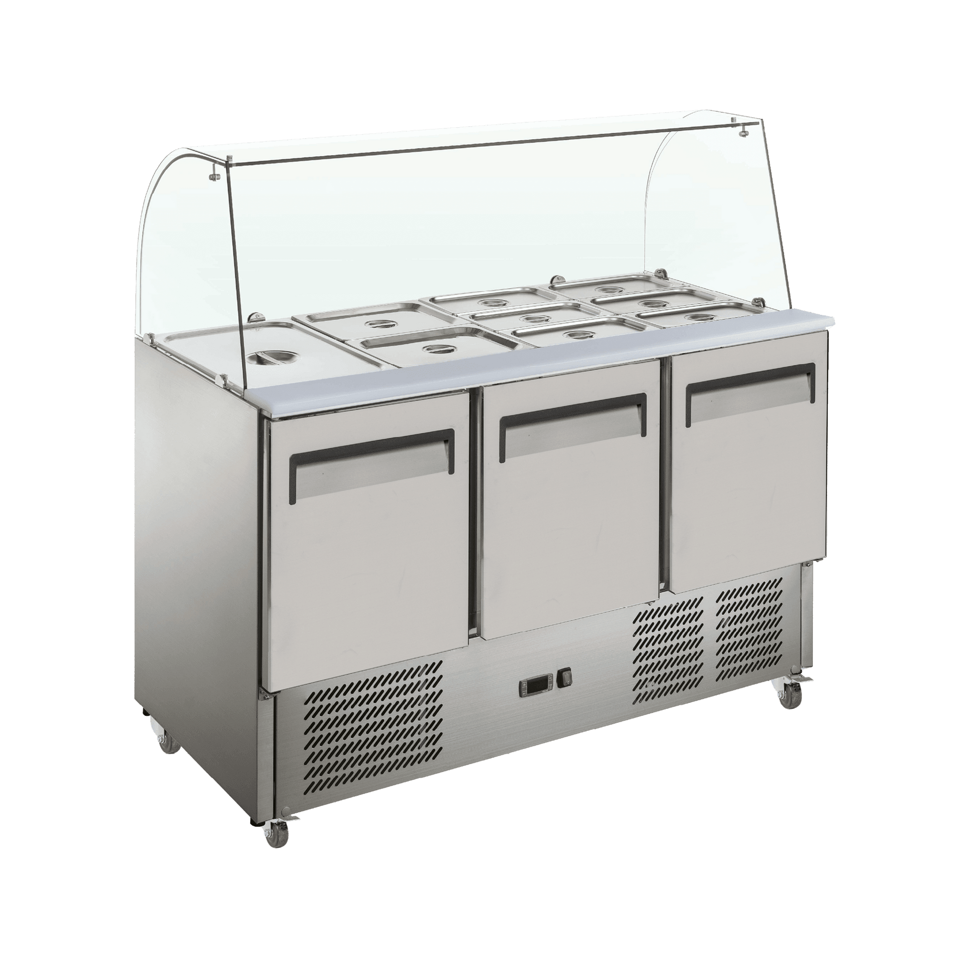 Three-door stainless steel food prep refrigerator with glass canopy and built-in ventilation vents.