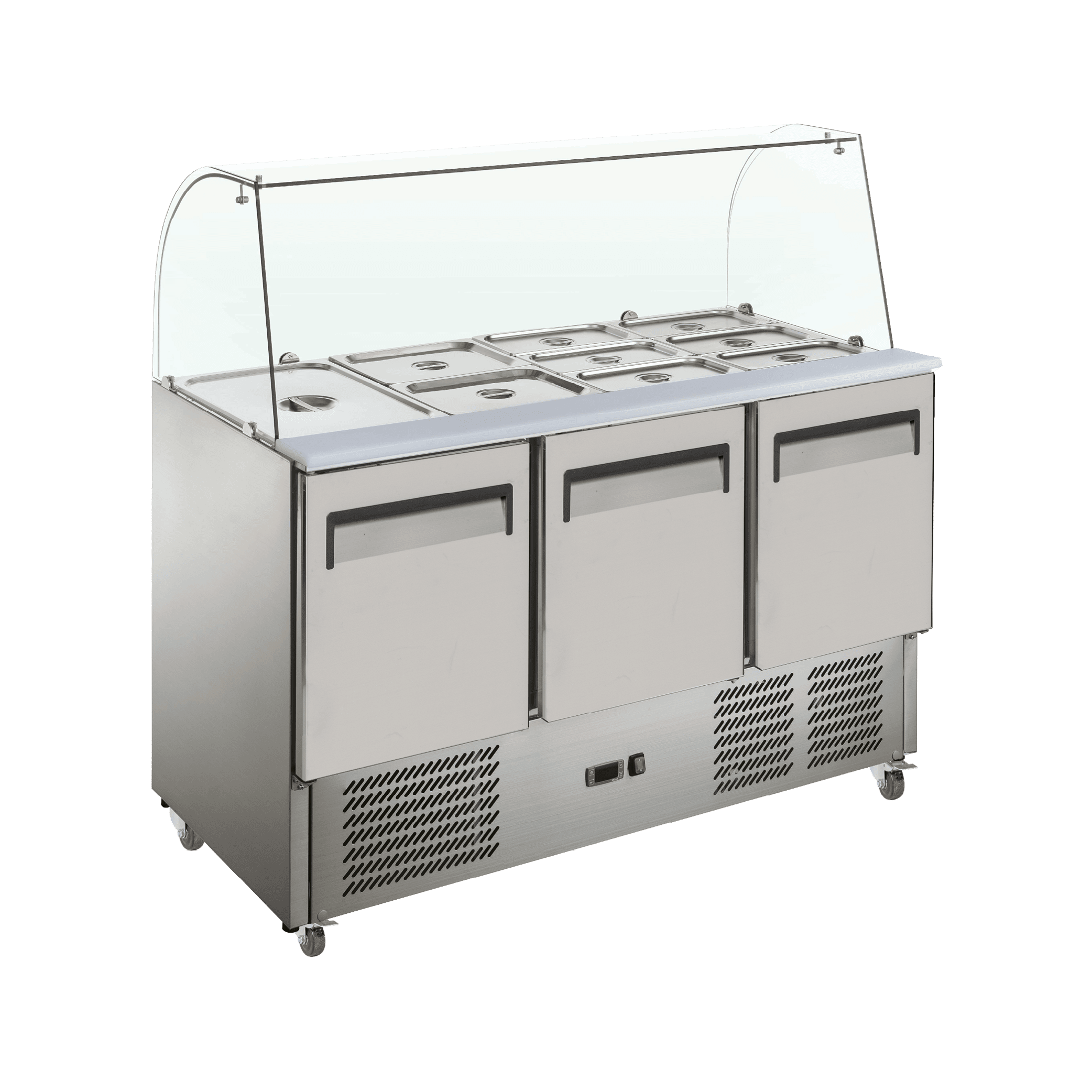 Three-door stainless steel food prep refrigerator with glass canopy and built-in ventilation vents.