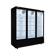 Black three-door upright glass display fridge with interior shelves and fans.