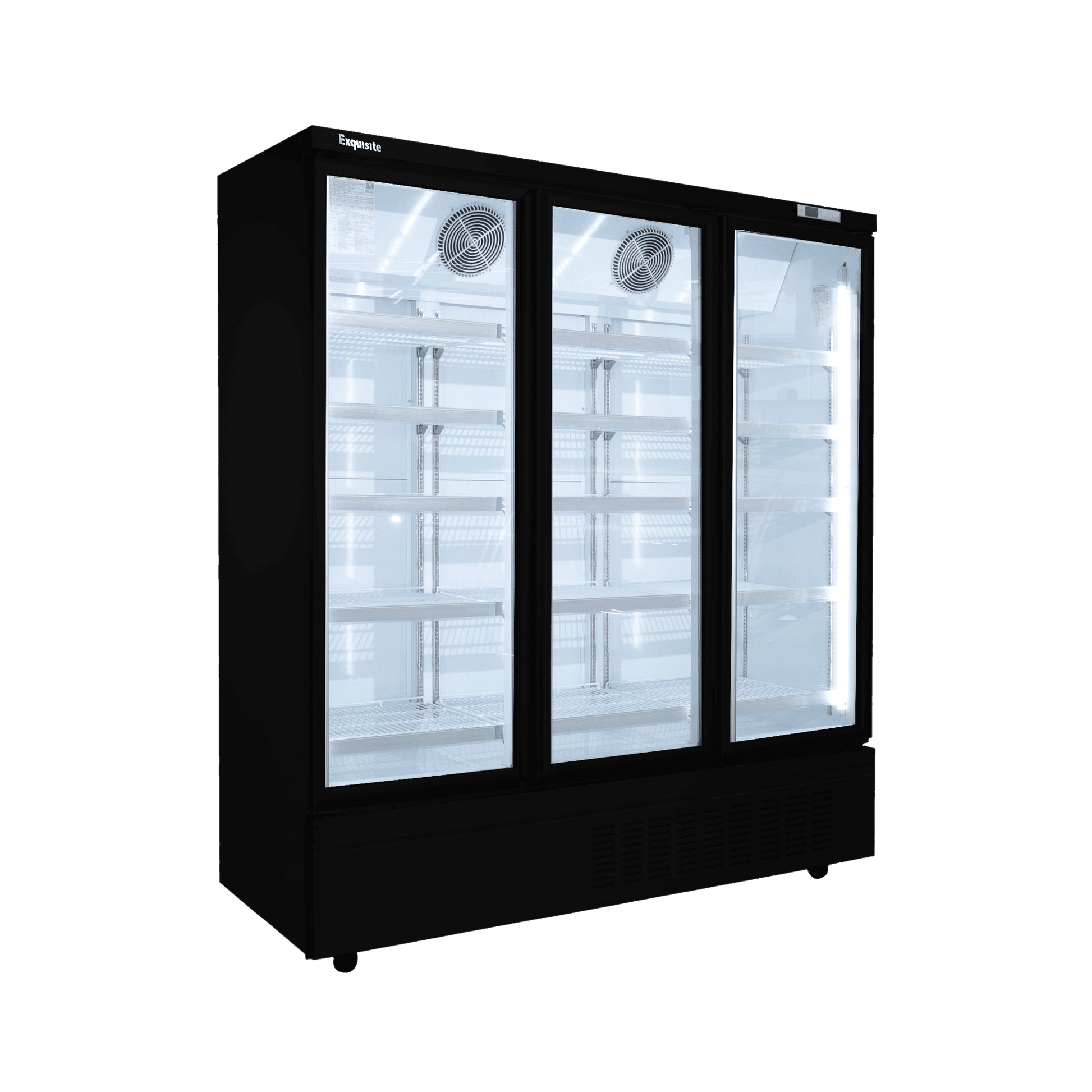 Black three-door upright glass display fridge with interior shelves and fans.