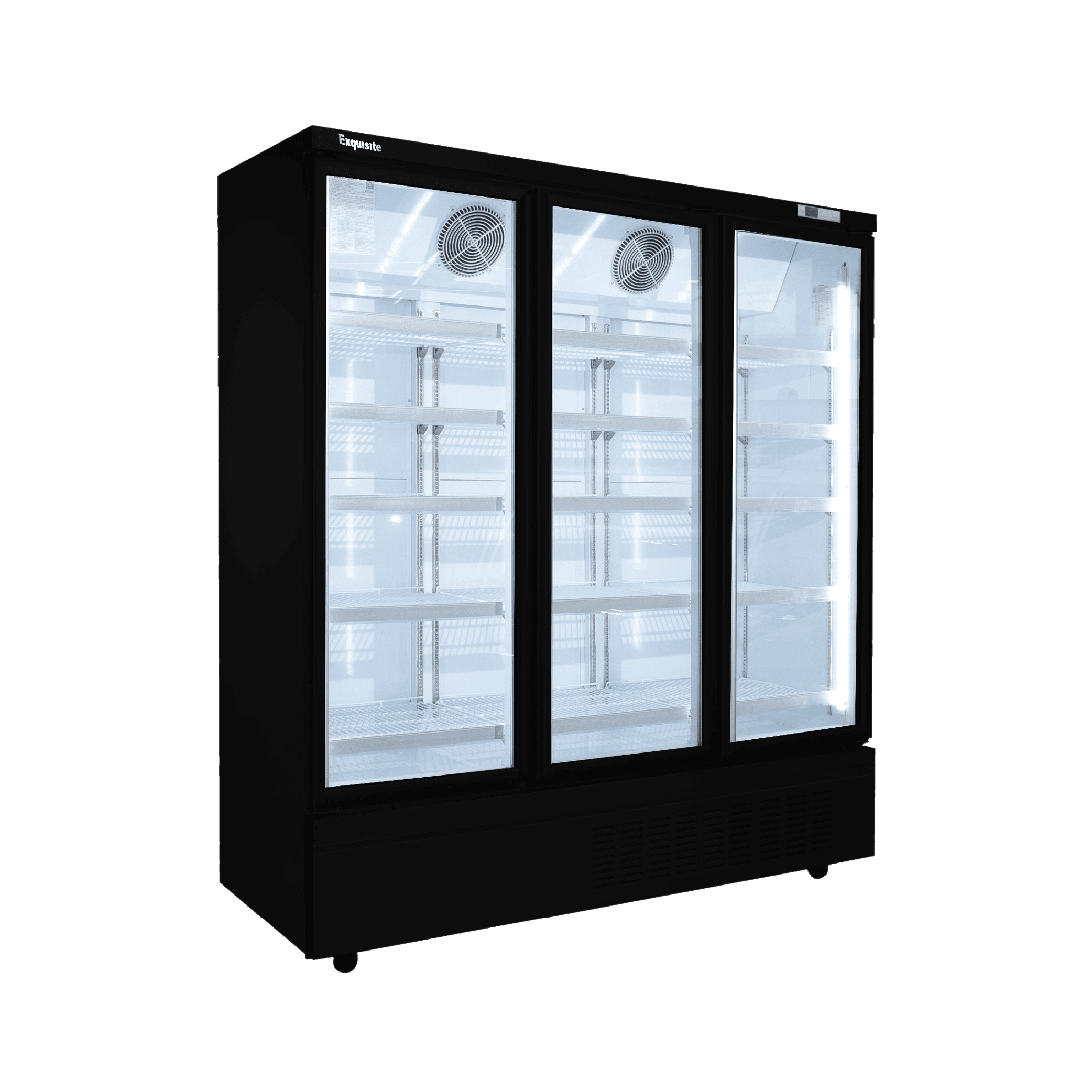 Black three-door upright glass display fridge with interior shelves and fans.