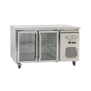 Stainless steel underbench refrigerator with two glass doors and ventilation panel on right side.
