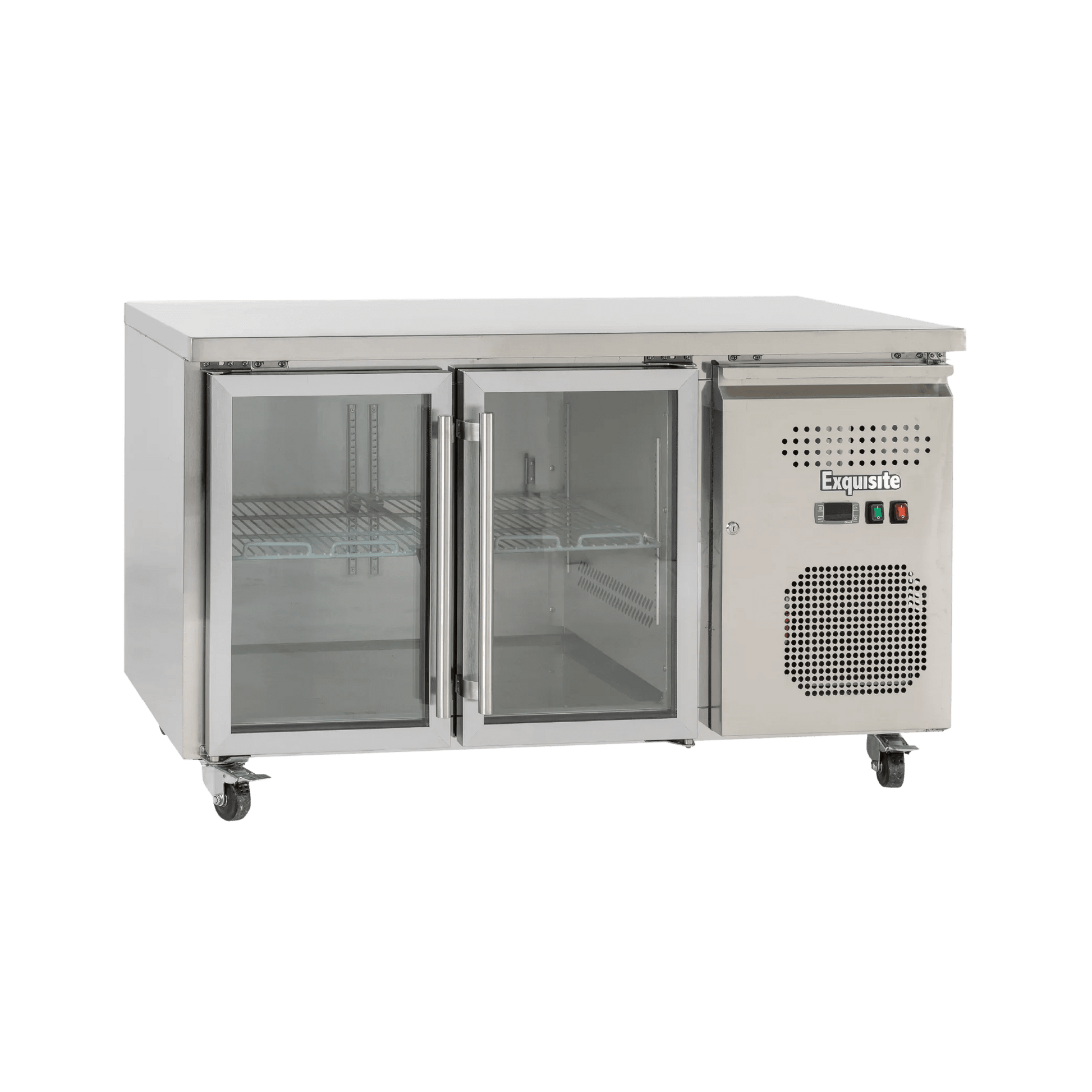 Stainless steel underbench refrigerator with two glass doors and ventilation panel on right side.