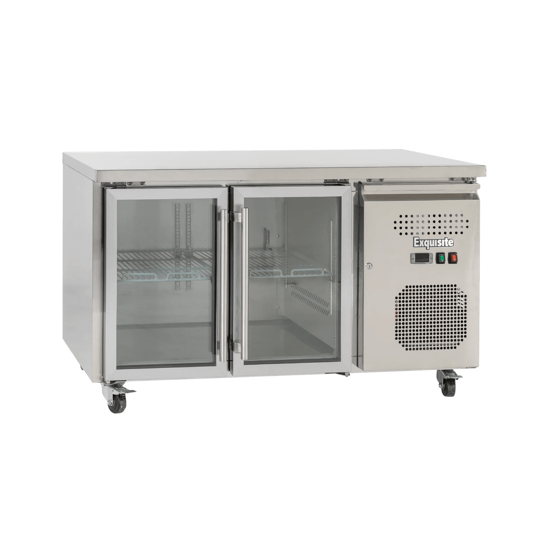 Stainless steel underbench refrigerator with two glass doors and ventilation panel on right side.