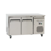 Stainless steel underbench refrigerator with two solid doors and ventilation panel on the right side.