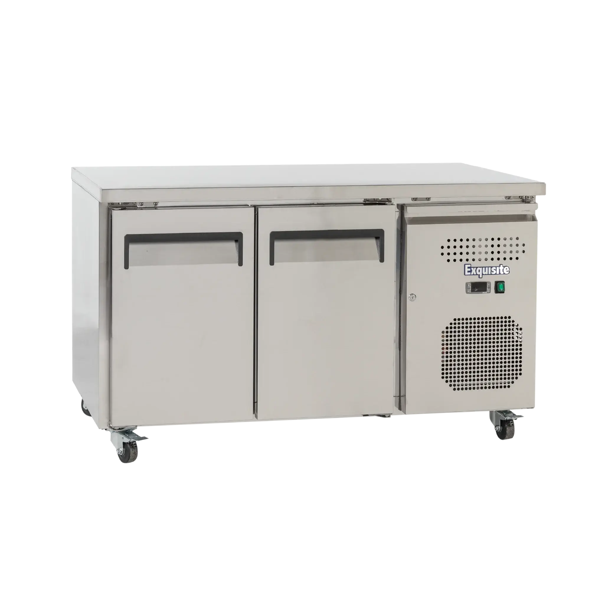 Stainless steel underbench refrigerator with two solid doors and ventilation panel on the right side.