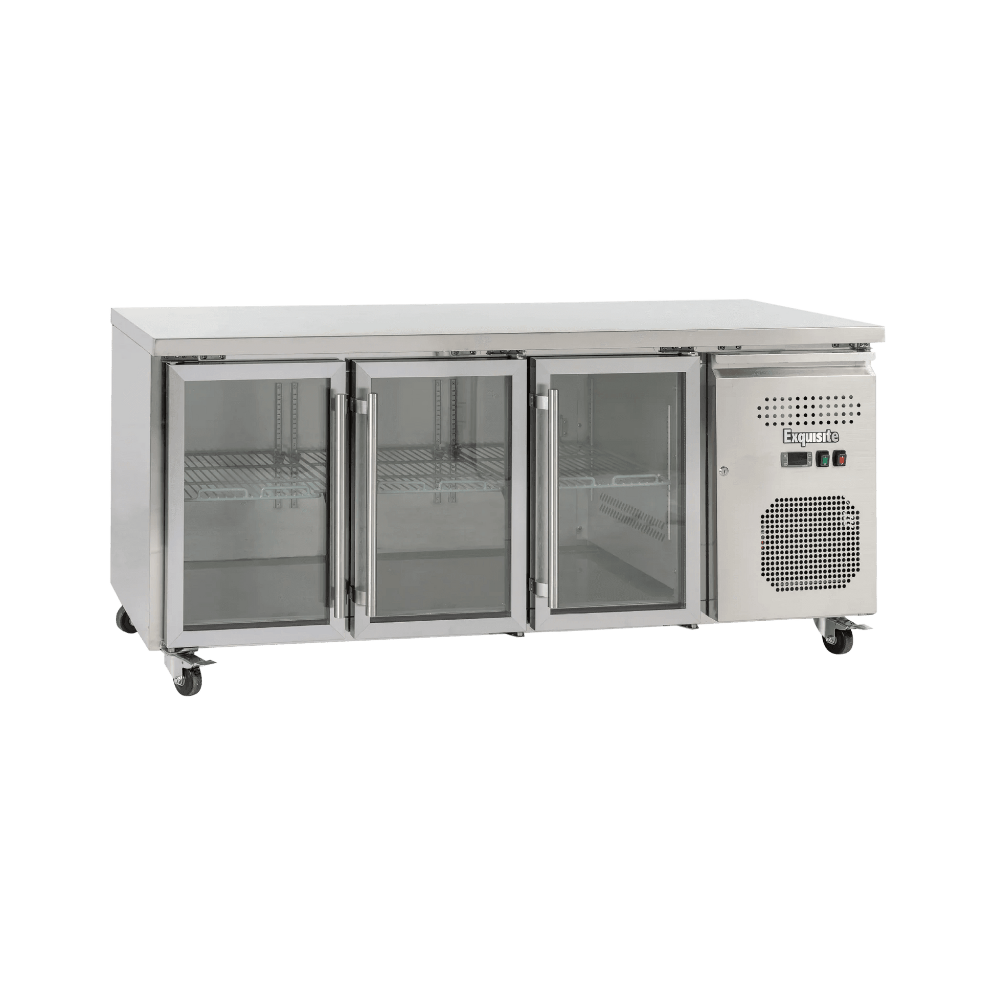 Stainless steel underbench refrigerator with three glass doors and caster wheels.
