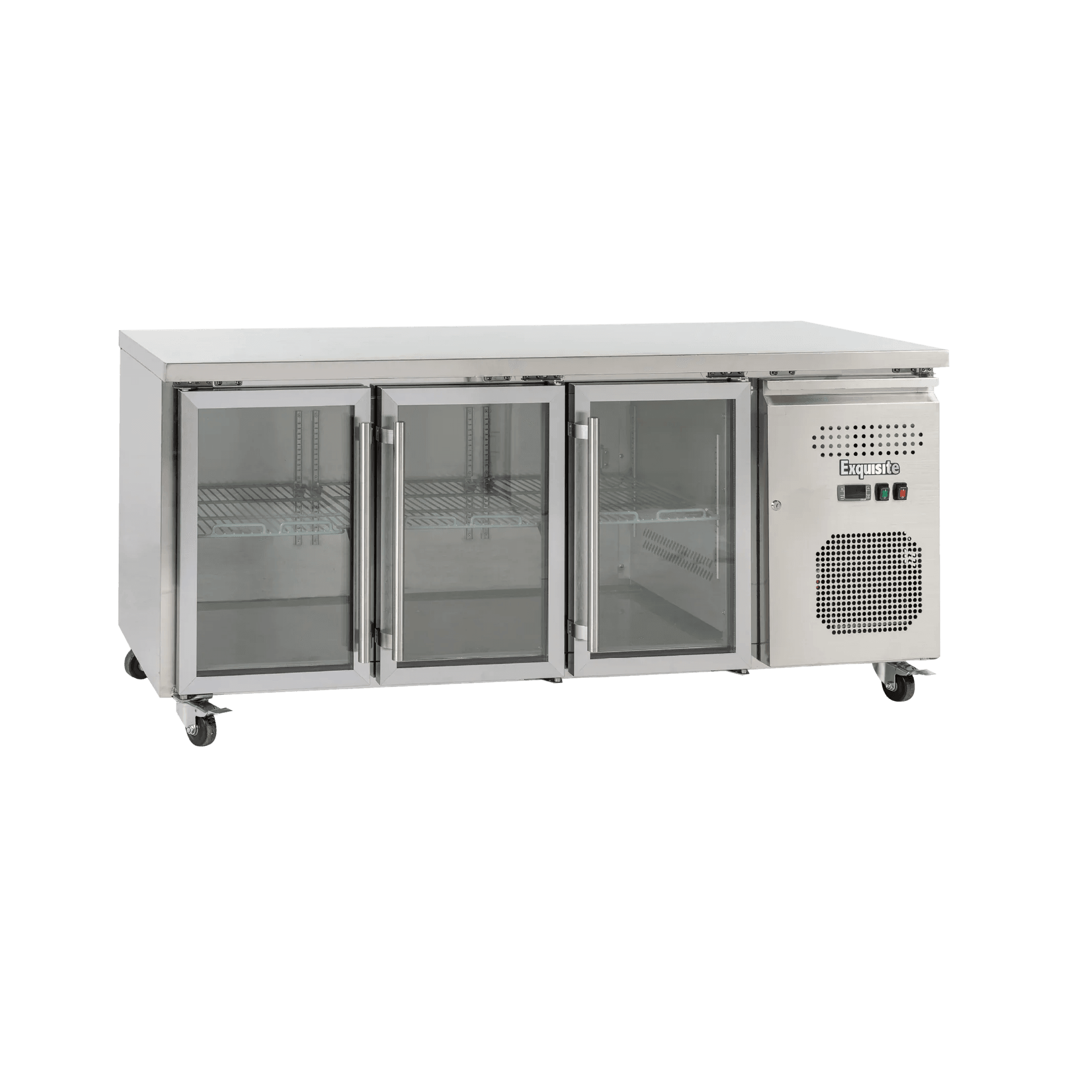 Stainless steel underbench refrigerator with three glass doors and caster wheels.