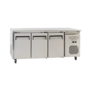 Stainless steel three-door underbench commercial refrigerator with ventilation panel and casters.