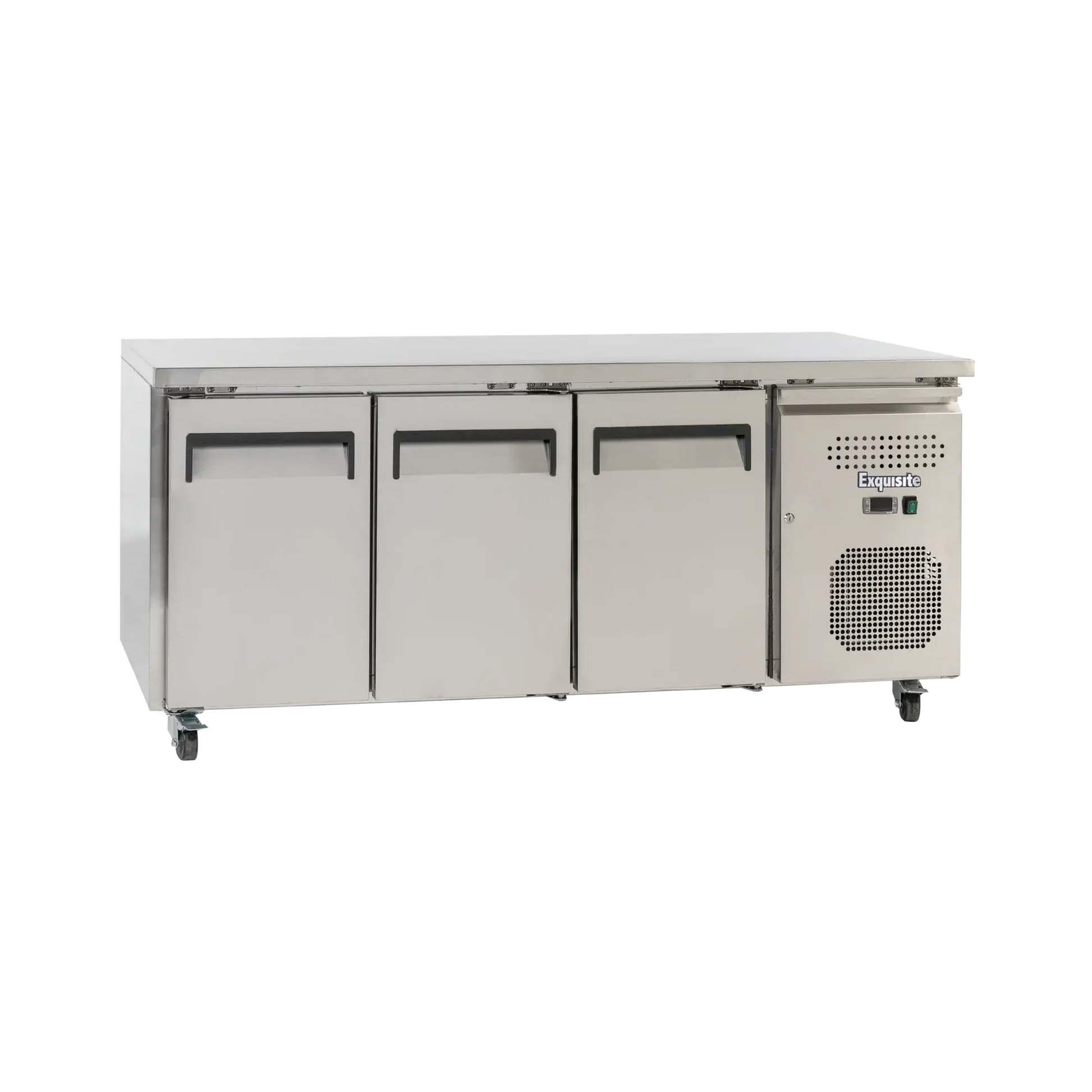 Stainless steel three-door underbench commercial refrigerator with ventilation panel and casters.