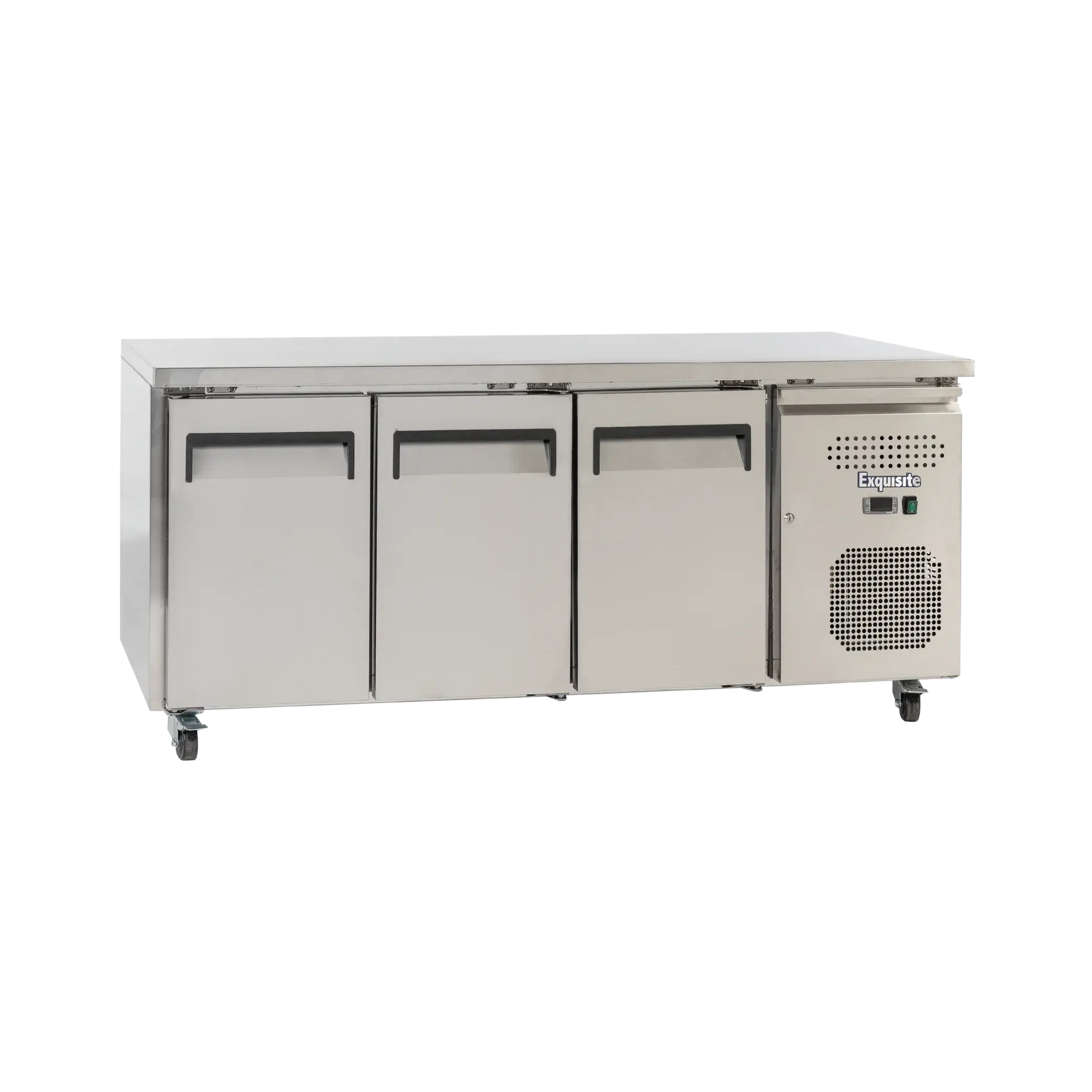 Stainless steel three-door underbench commercial refrigerator with ventilation panel and casters.