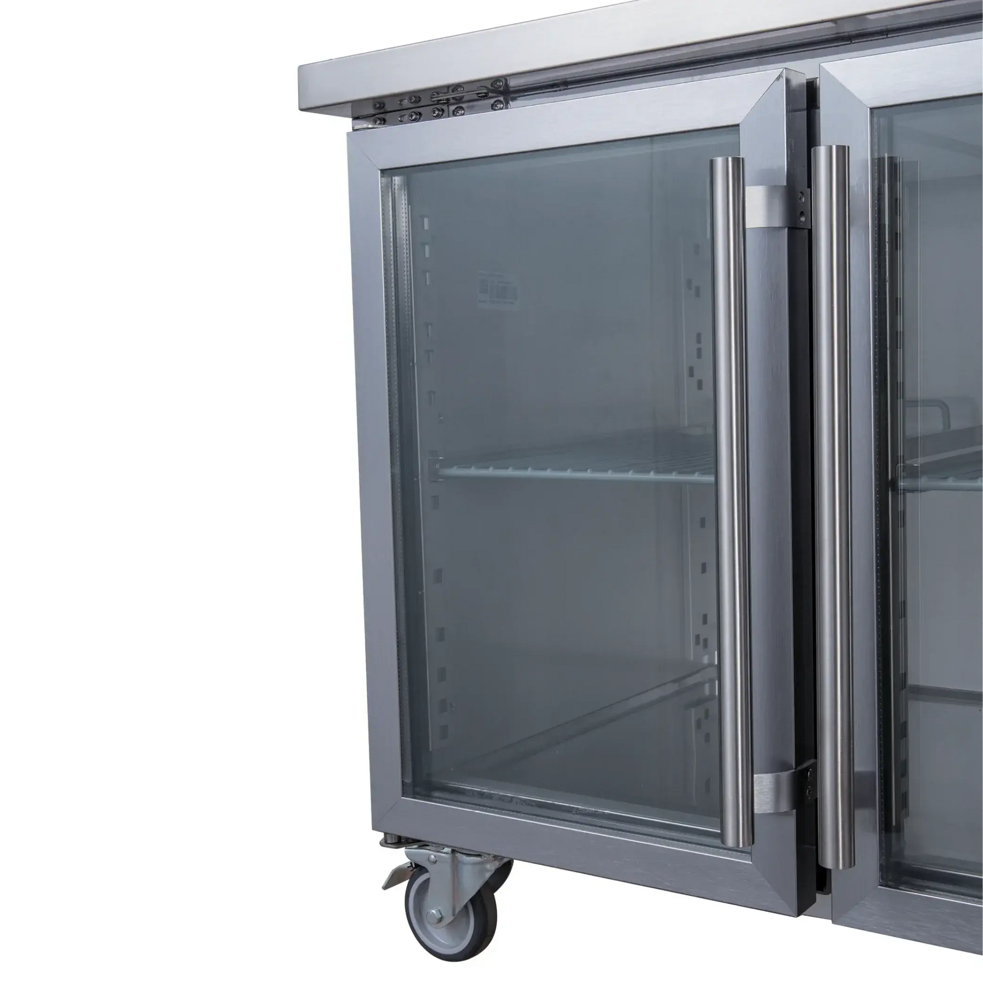 Stainless steel underbench refrigerator with four glass doors and vertical handles on caster wheels.