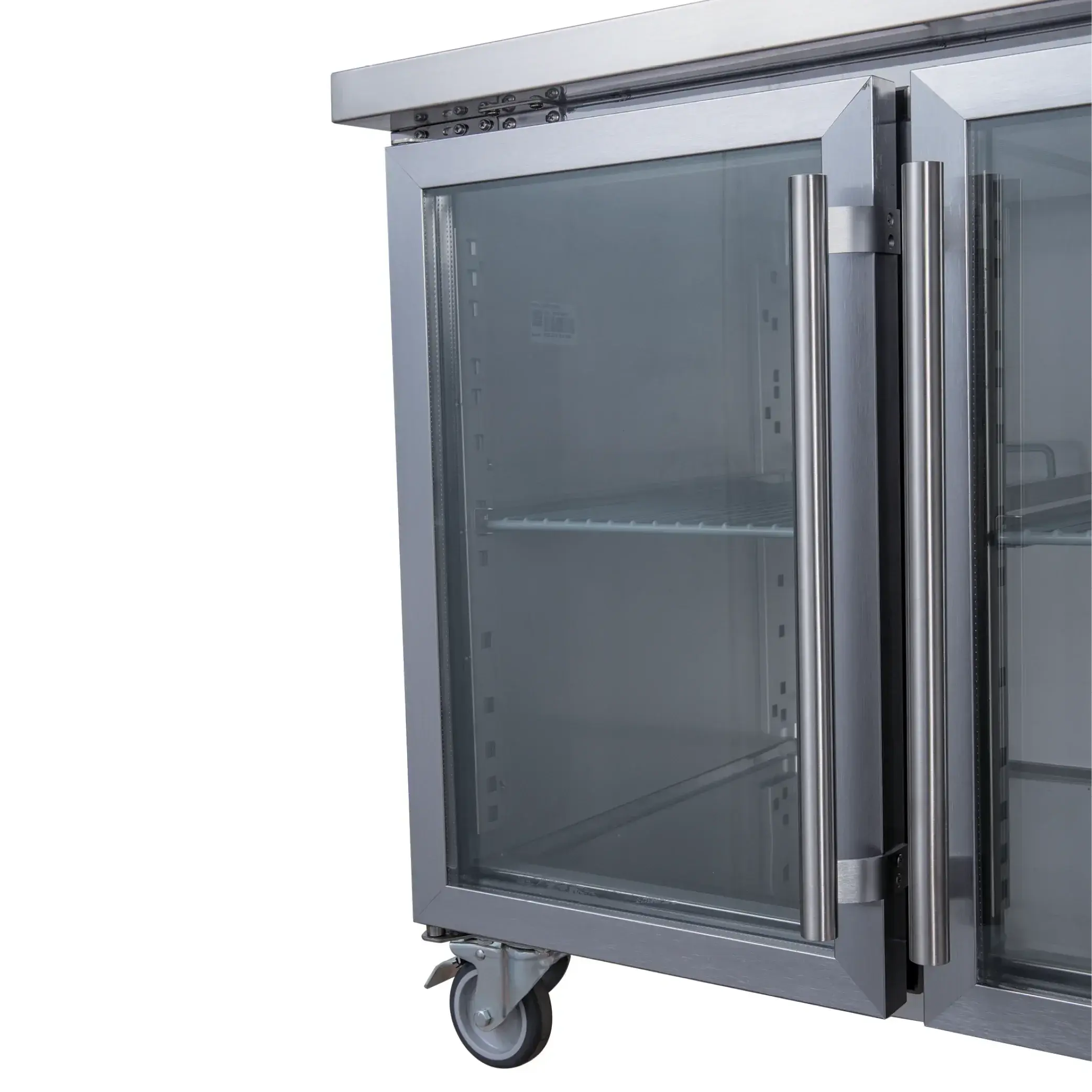 Stainless steel underbench refrigerator with four glass doors and vertical handles on caster wheels.