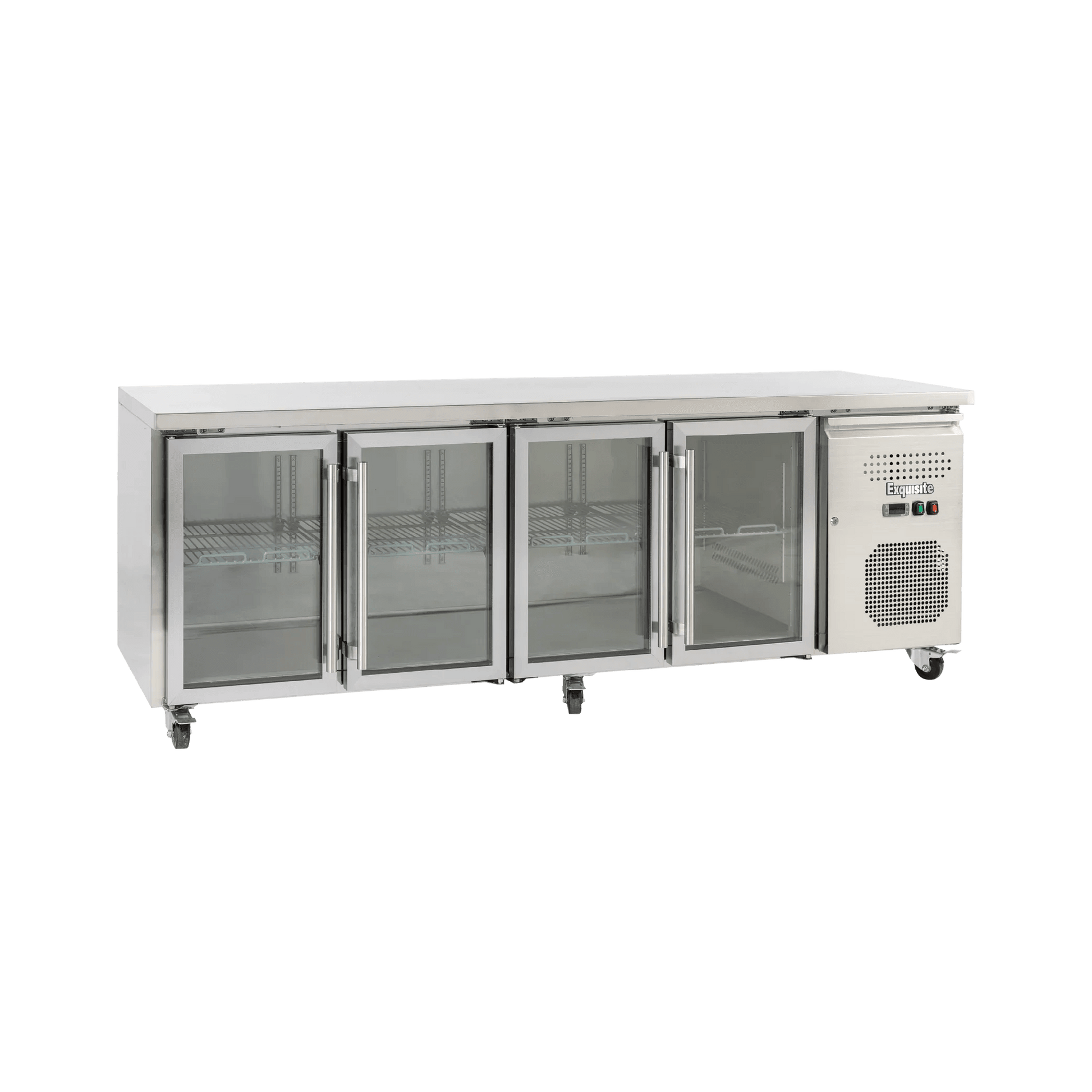 Stainless steel underbench refrigerator with four glass doors and adjustable shelves.