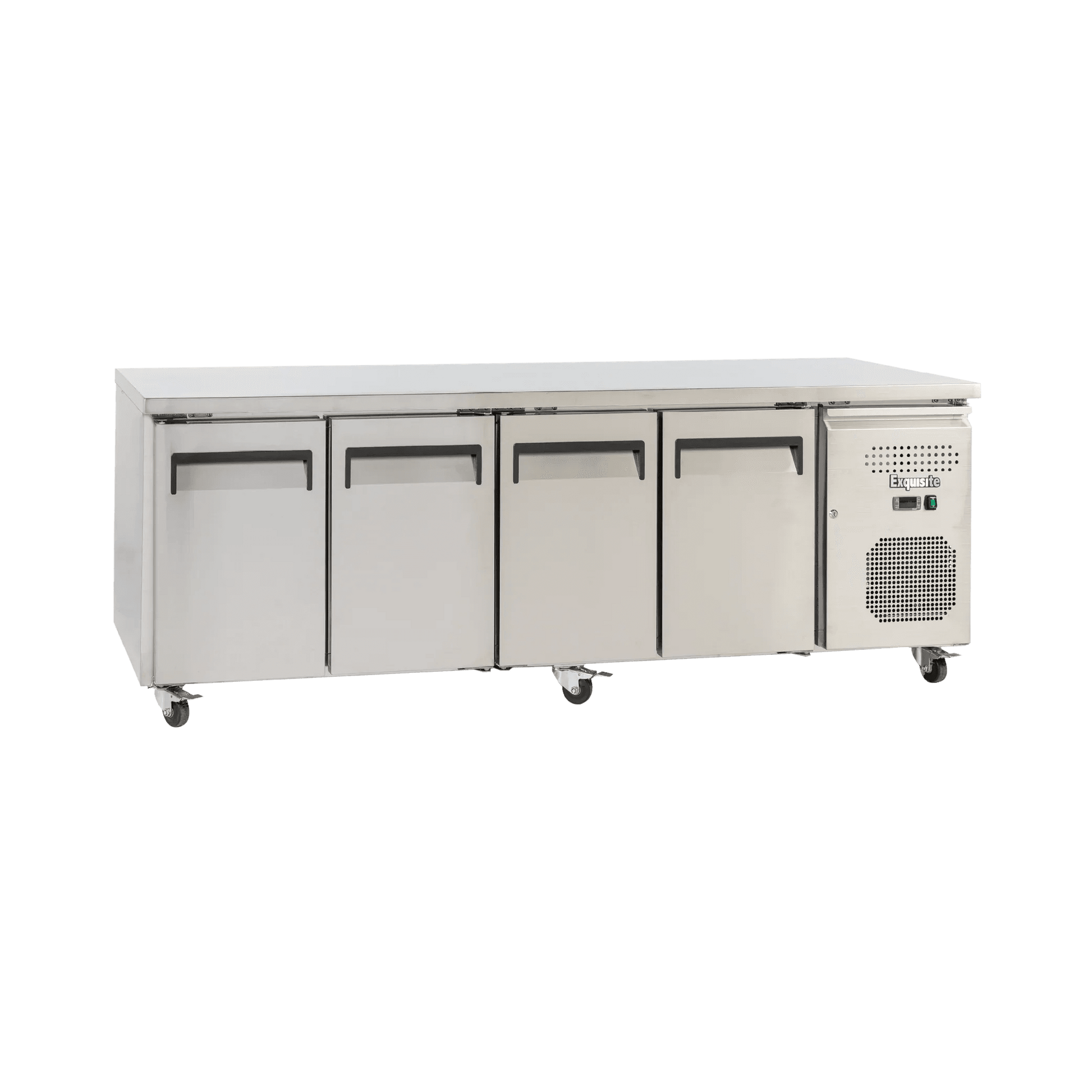 Stainless steel underbench refrigerator with four solid doors and vented cooling unit on right side.