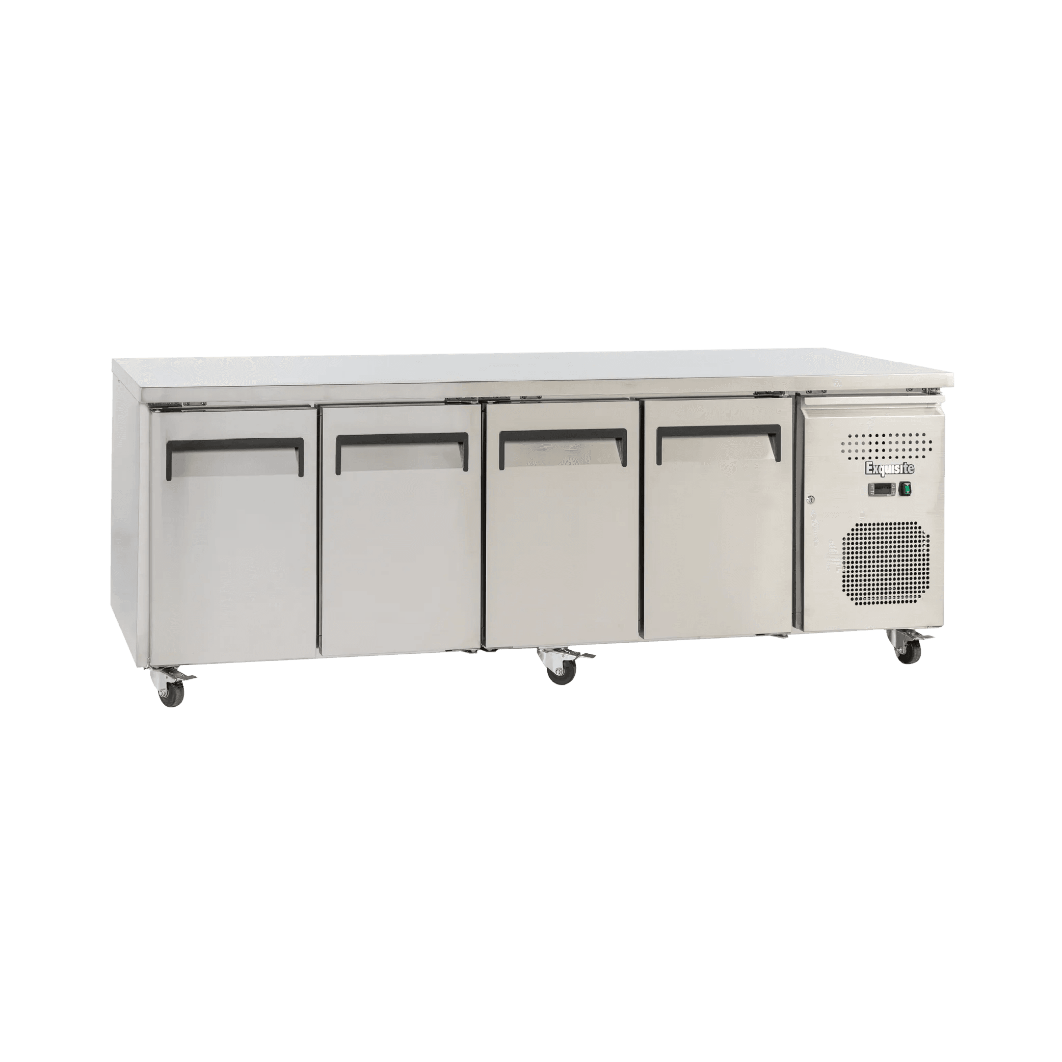 Stainless steel underbench refrigerator with four solid doors and vented cooling unit on right side.