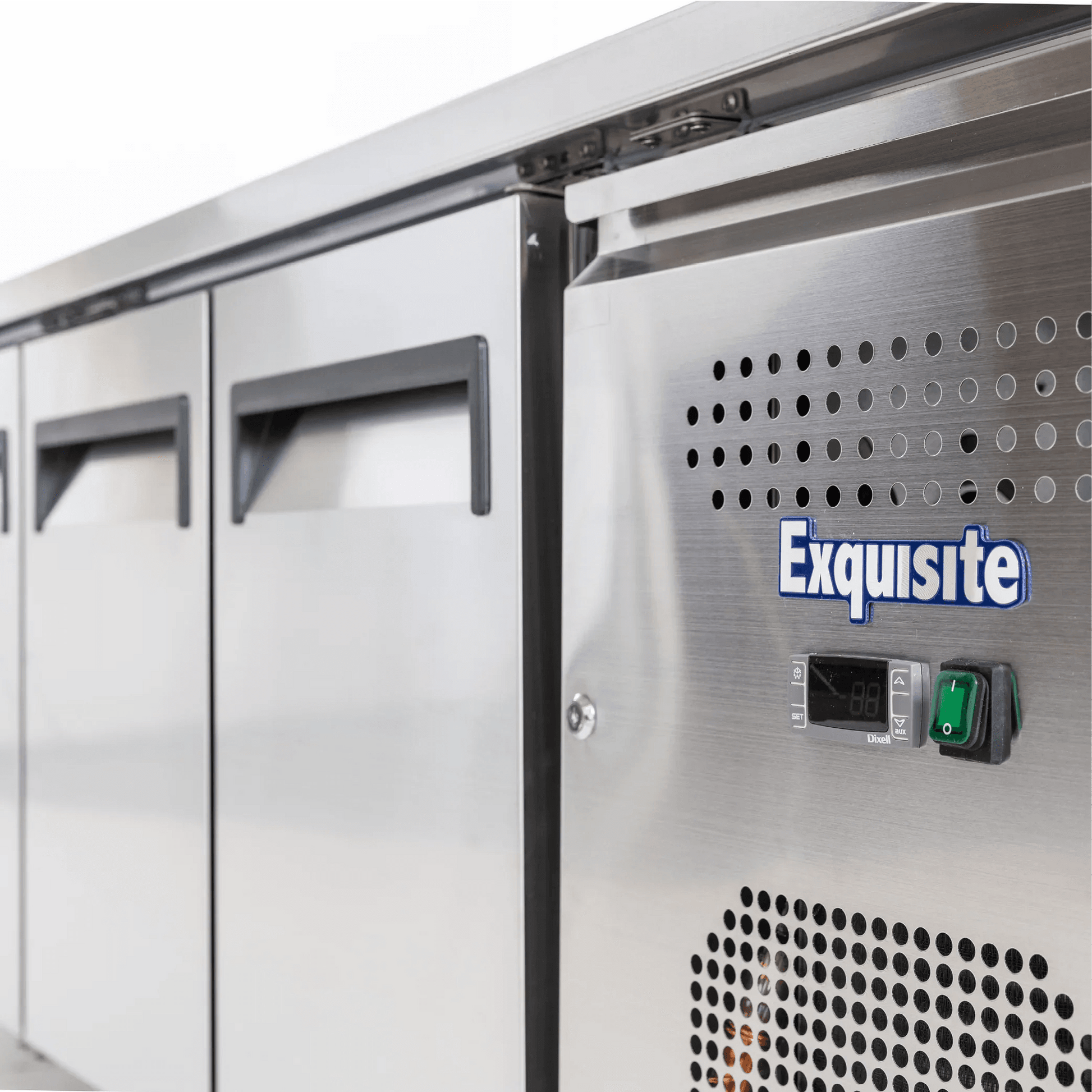 Stainless steel underbench freezer with two solid doors, digital control, and ventilation panels.