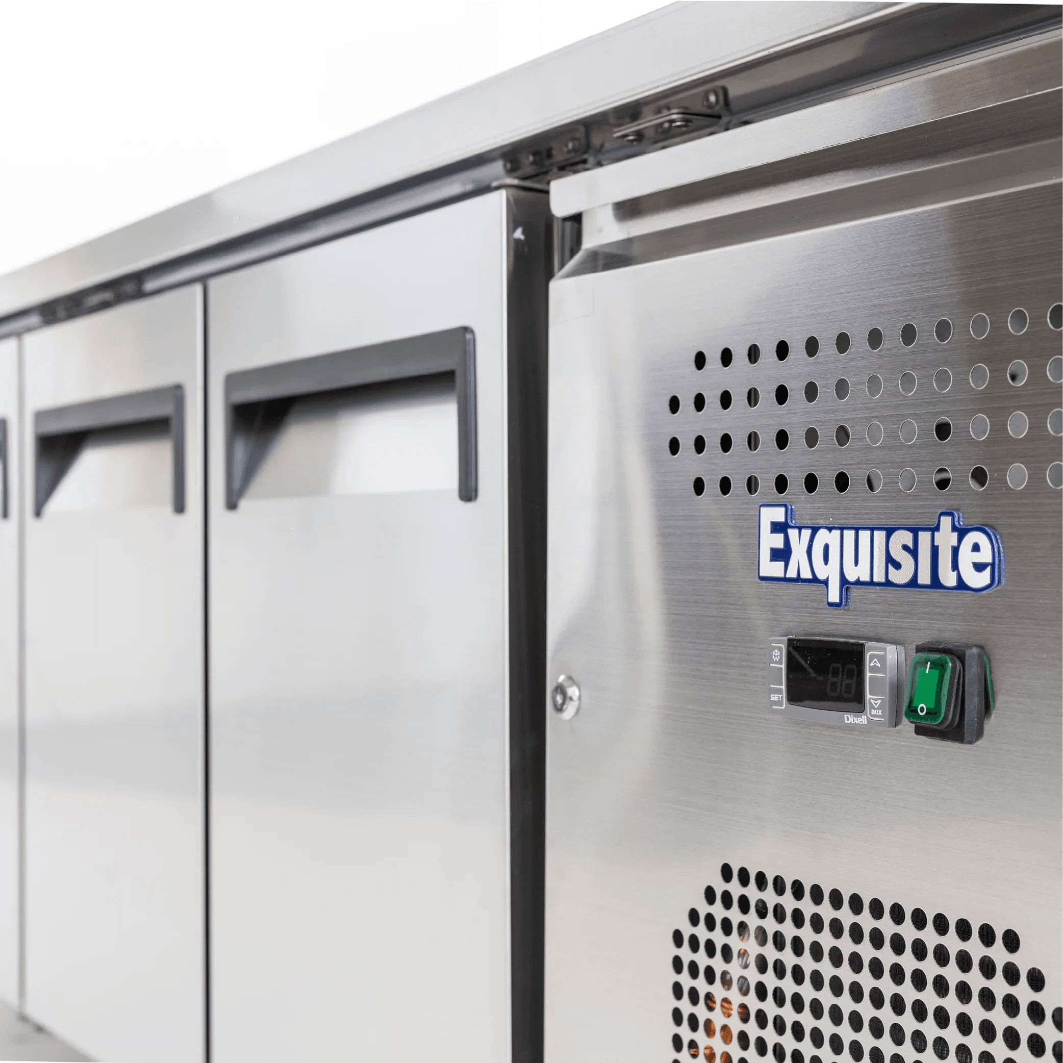 Stainless steel underbench freezer with two solid doors, digital control, and ventilation panels.