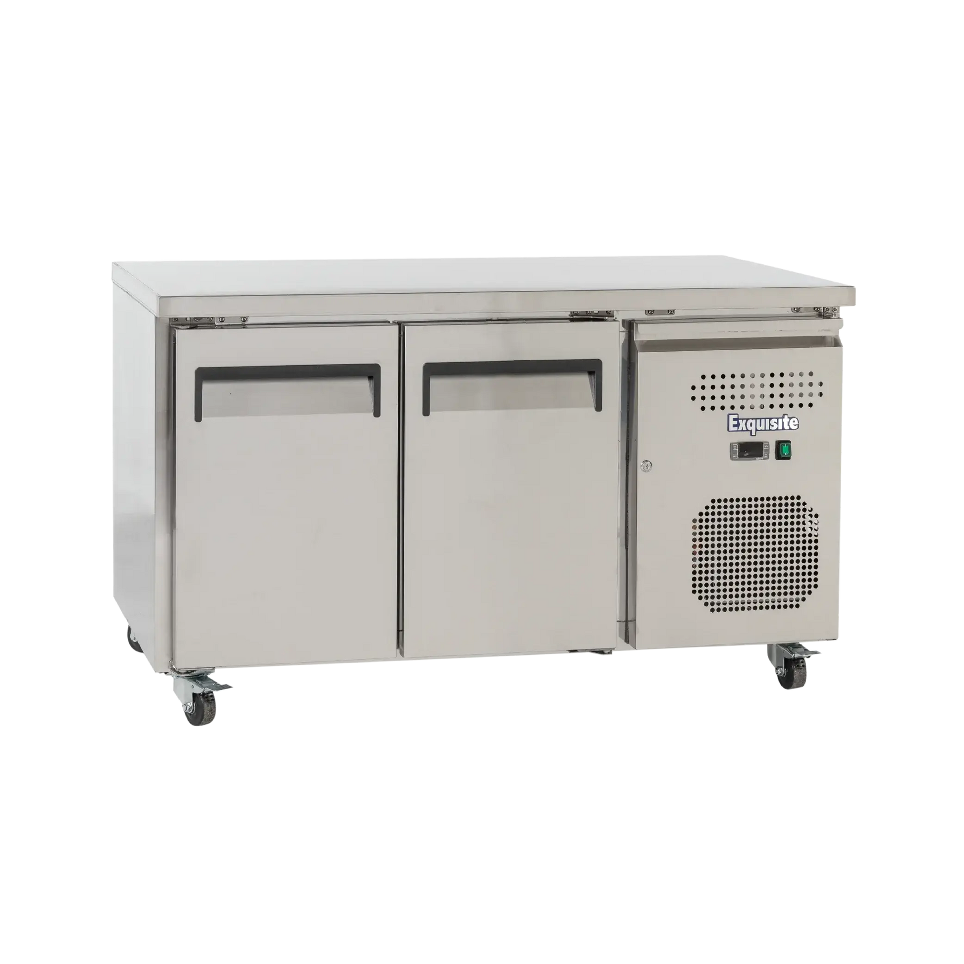 Stainless steel two-door underbench freezer with recessed handles and caster wheels.
