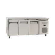 Stainless steel slimline underbench freezer with three solid doors and ventilation panel on right side.