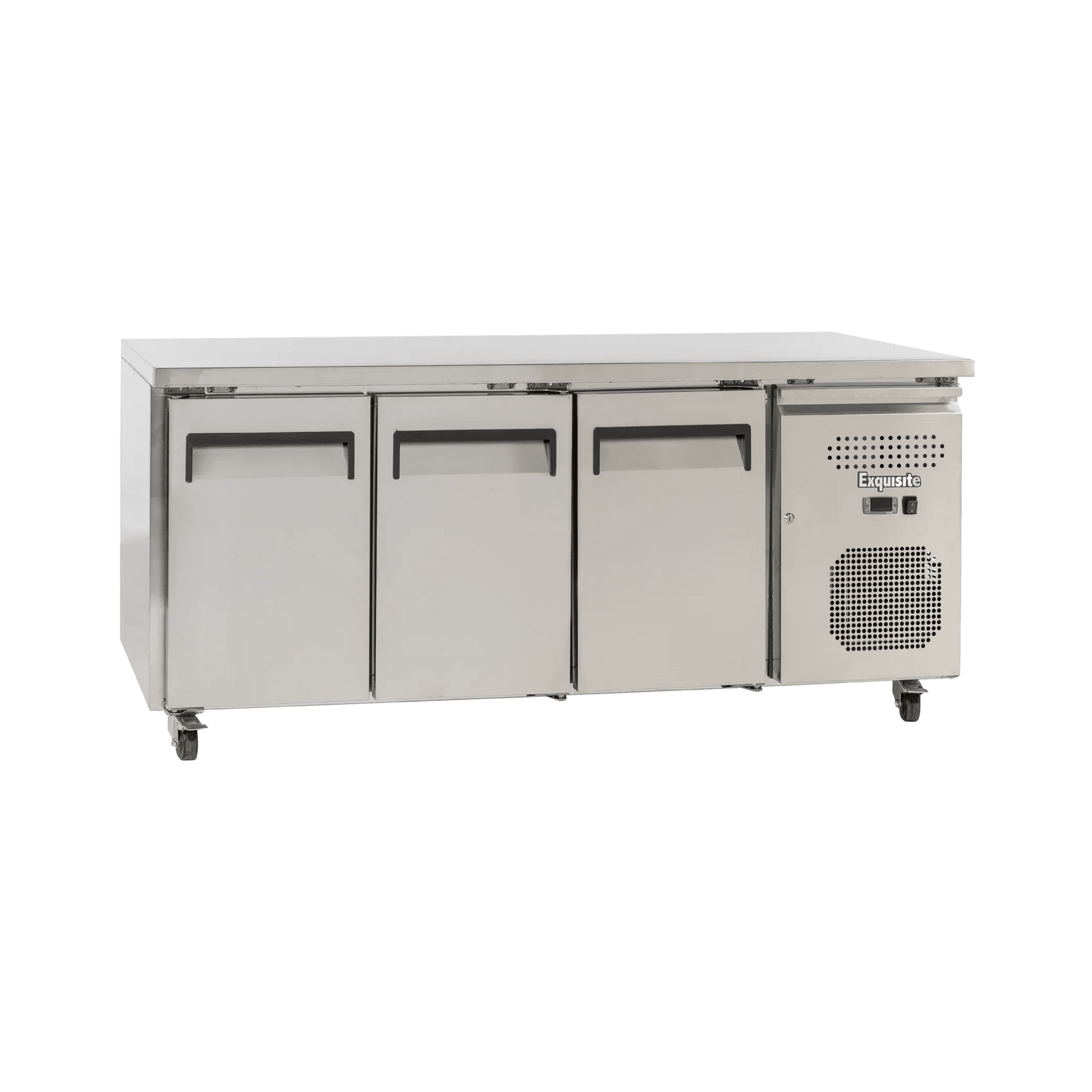 Stainless steel slimline underbench freezer with three solid doors and ventilation panel on right side.