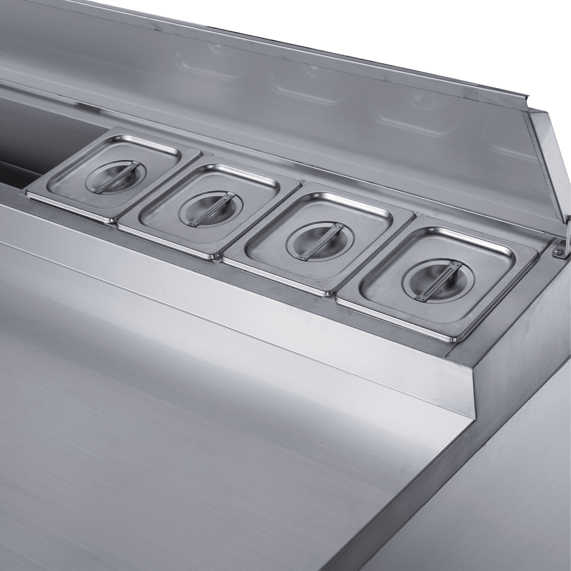 Stainless steel two-door food prep refrigerator with five covered compartments on top.