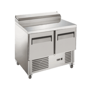 Exquisite stainless steel two-door refrigerated prep table with flat top and vented base on casters.