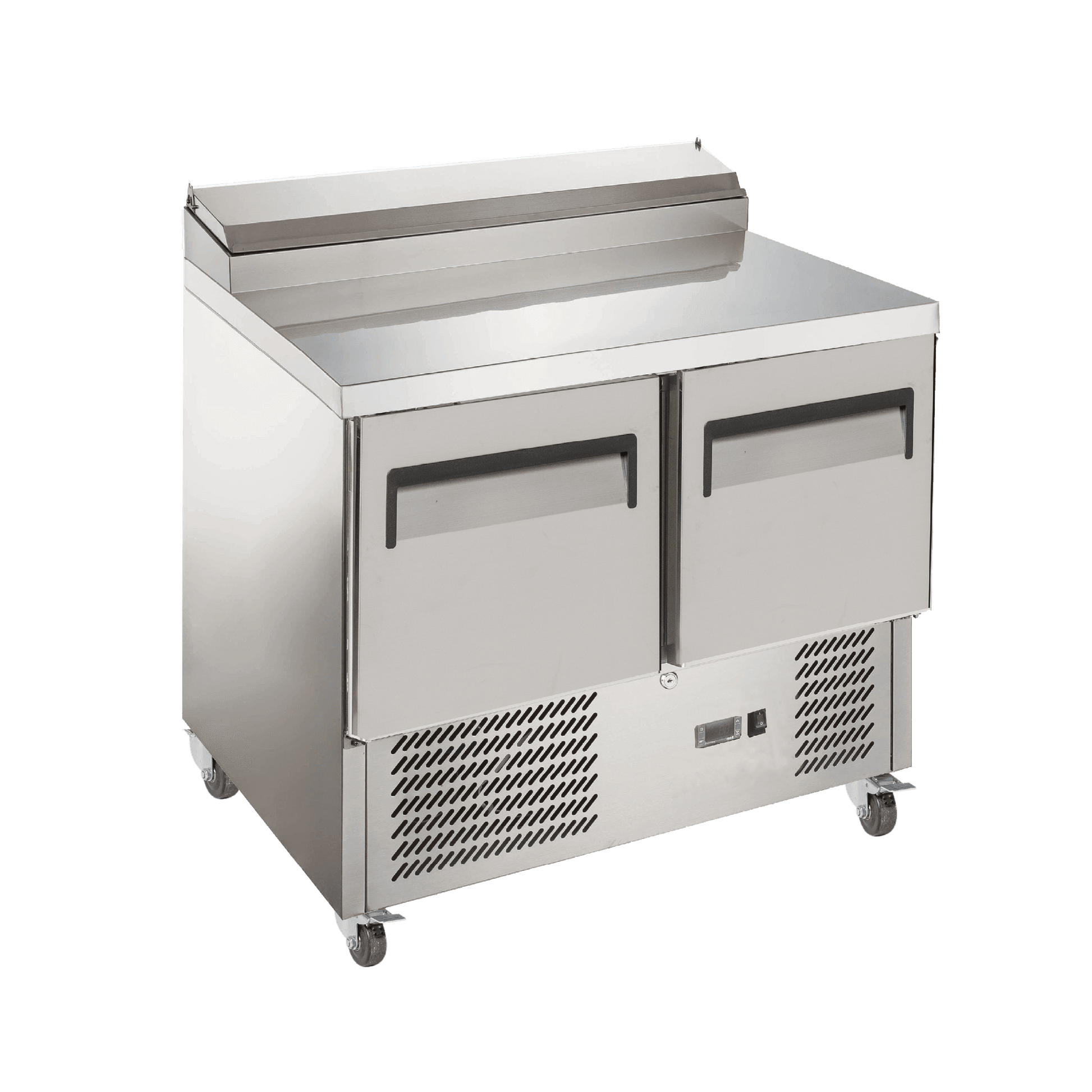 Exquisite stainless steel two-door refrigerated prep table with flat top and vented base on casters.