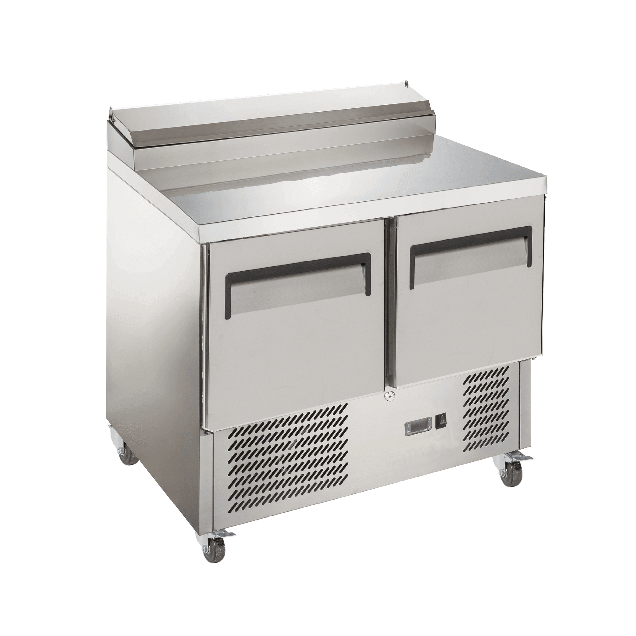 Exquisite stainless steel two-door refrigerated prep table with flat top and vented base on casters.