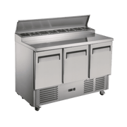 Three-door stainless steel commercial food prep refrigerator with open top storage and caster wheels.